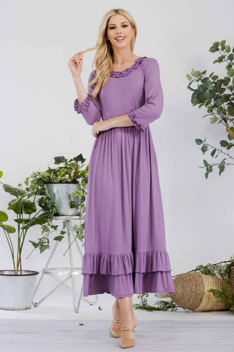 Celeste Women's Full Size Layered Ruffle Hem Dress with Pockets - Elegant Flowy Maxi Dress for Summer, Beach, Wedding & Special Occasions