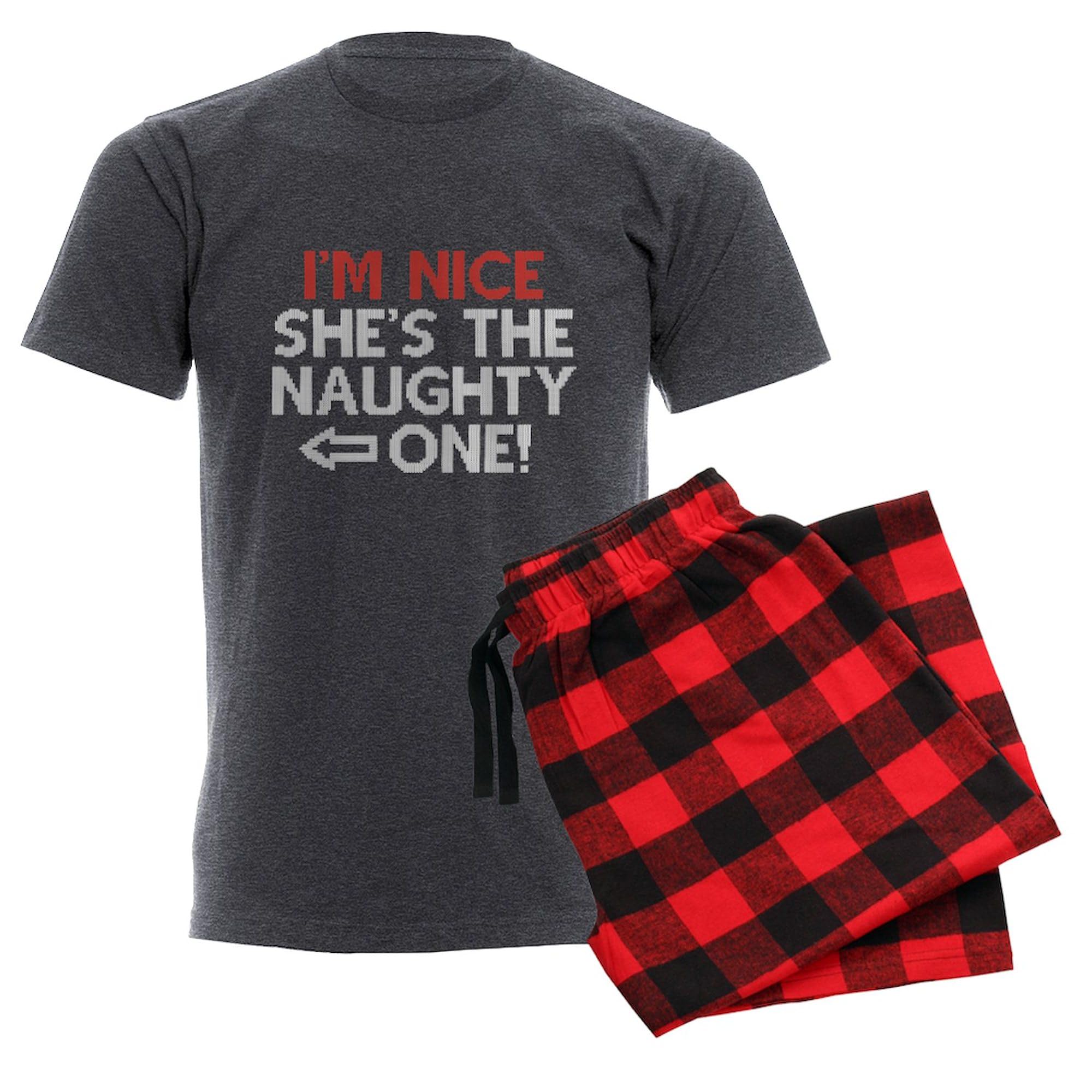 Funny Couples Pajama Set - 'I'm Nice She's The Naughty One' Charcoal Novelty Pajamas for Men | Matching Sleepwear for Couples, Christmas Gifts & Romantic Nights