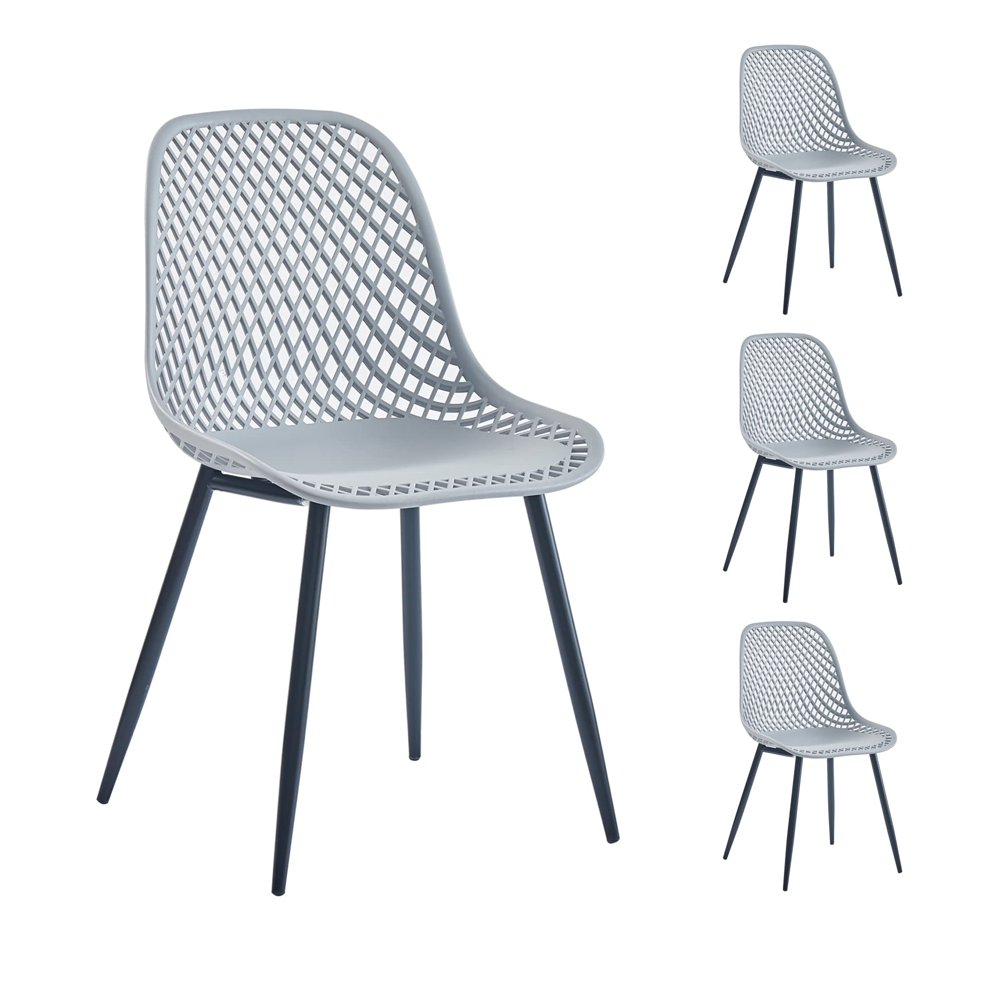 Modern Gray Plastic Dining Chairs with Mesh Design & Metal Legs - Set of 4 Comfortable Kitchen Chairs for Dining Room, Restaurant, or Outdoor Patio Use