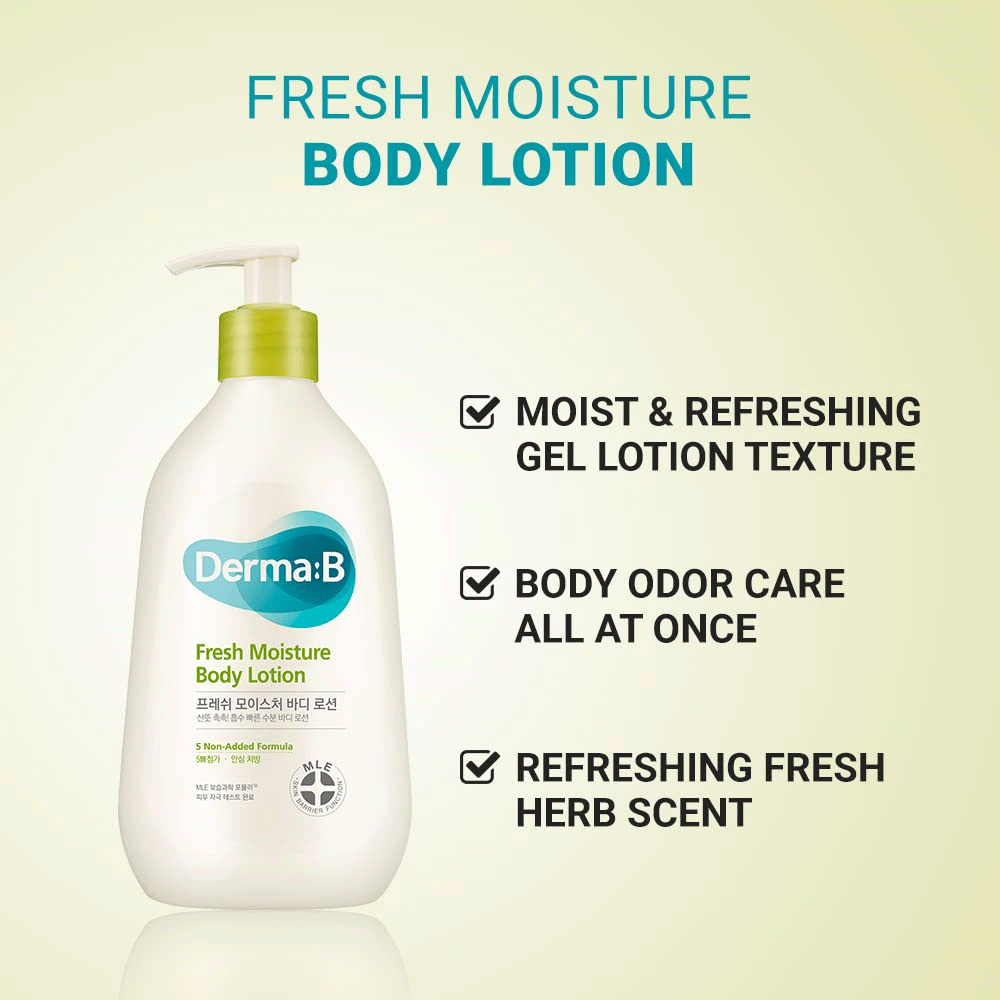 Derma:B Fresh Moisture Body Lotion 400ml - Hydrating & Nourishing Dry Skin Care for Daily Use - Perfect for After Shower, Gym & Nighttime Moisturizing
