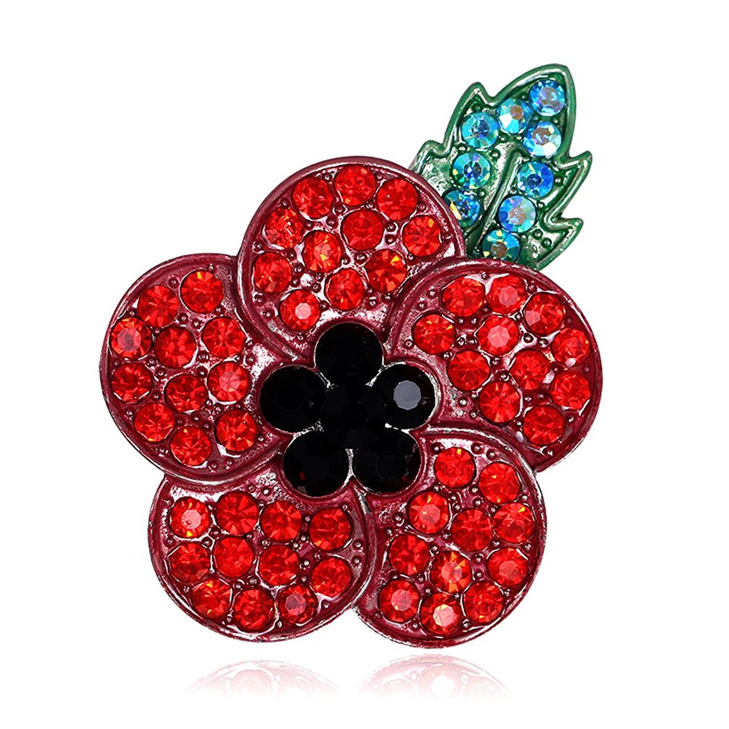 Elegant Red Poppy Brooch Pin - Diamond Crystal Flower Lapel Badge for Remembrance Day, Banquet & Formal Events - Black Plated with Green Leaves - Perfect Gift for Veterans & Memorial Occasions
