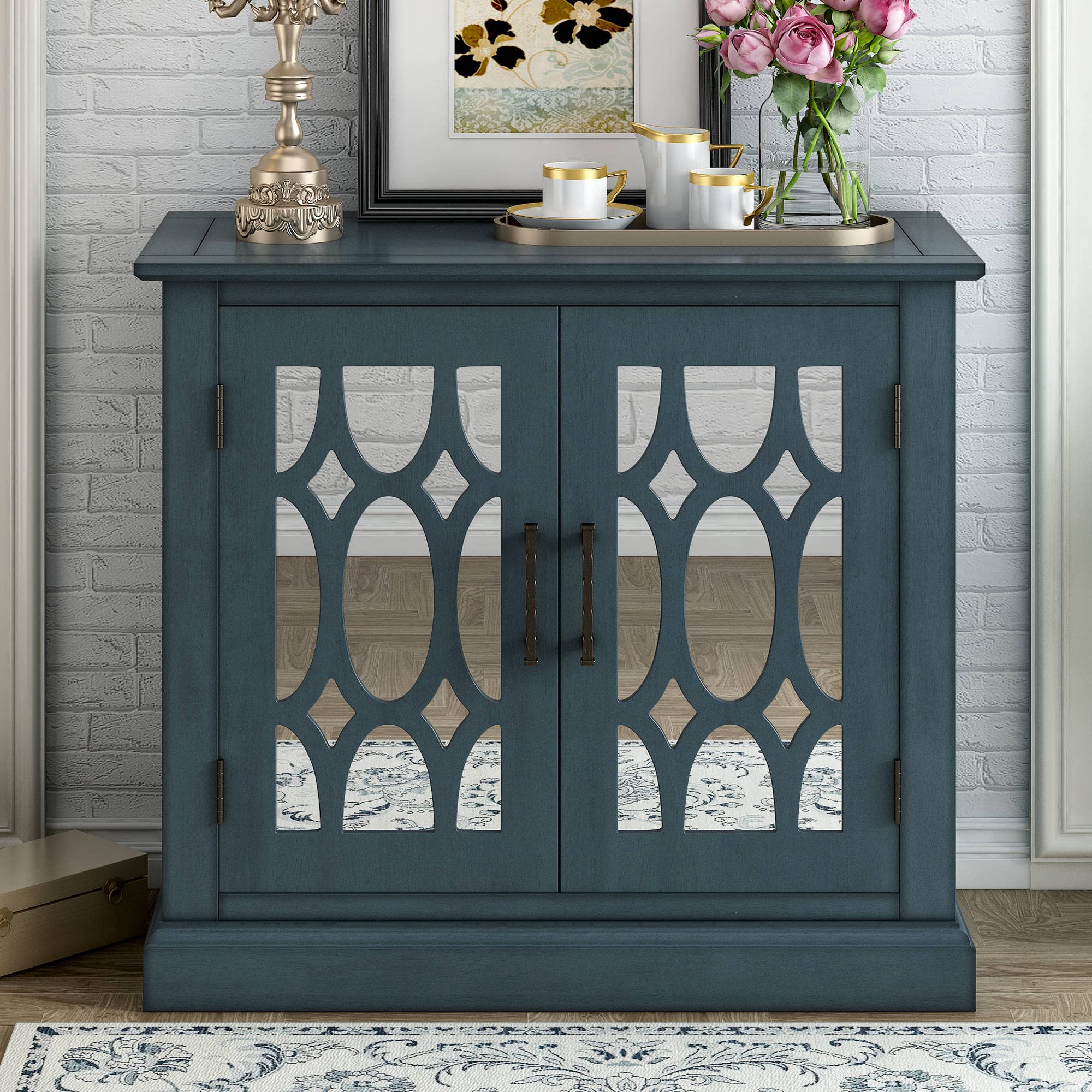 Modern Wooden Accent Storage Cabinet with Decorative Mirror Door - 2-Door Entryway Console Table, Farmhouse Coffee Bar Cupboard for Living Room, Bedroom & Office - Stylish Blue Home Decor Storage Solution