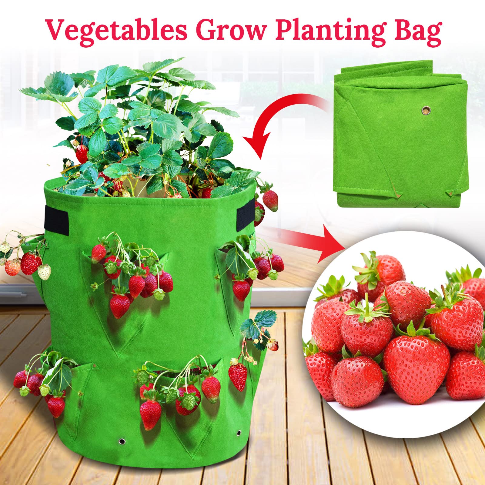 YardGrow 10 Gallon Strawberry Planter Bags - Large Breathable Non-Woven Fabric Grow Bags with Handles for Fruits, Vegetables, Flowers (5 Pack) - Perfect for Patio, Balcony & Home Gardening