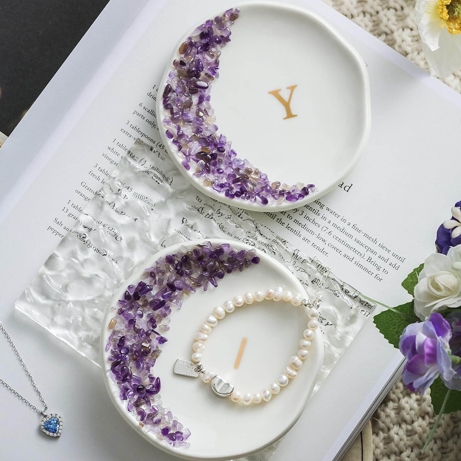 Personalized Crystal Initial Ring Dish - Engraved Monogram Jewelry Tray for Rings & Accessories - Elegant Ceramic White Engagement Gift, Wedding Gift for Bride & Women - Perfect for Vanity, Dresser & Bridal Shower Decor