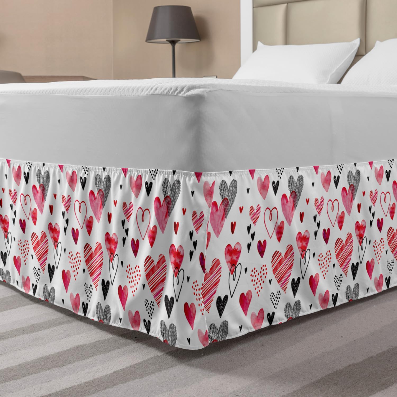 Ambesonne Valentine Bed Skirt - Romantic Watercolor Striped Heart Design, Elastic Wrap Around Gathered Bedskirt for King Size Beds (Pink, Black, White) | Perfect for Valentine's Day Decor, Anniversary Gifts & Master Bedroom Styling