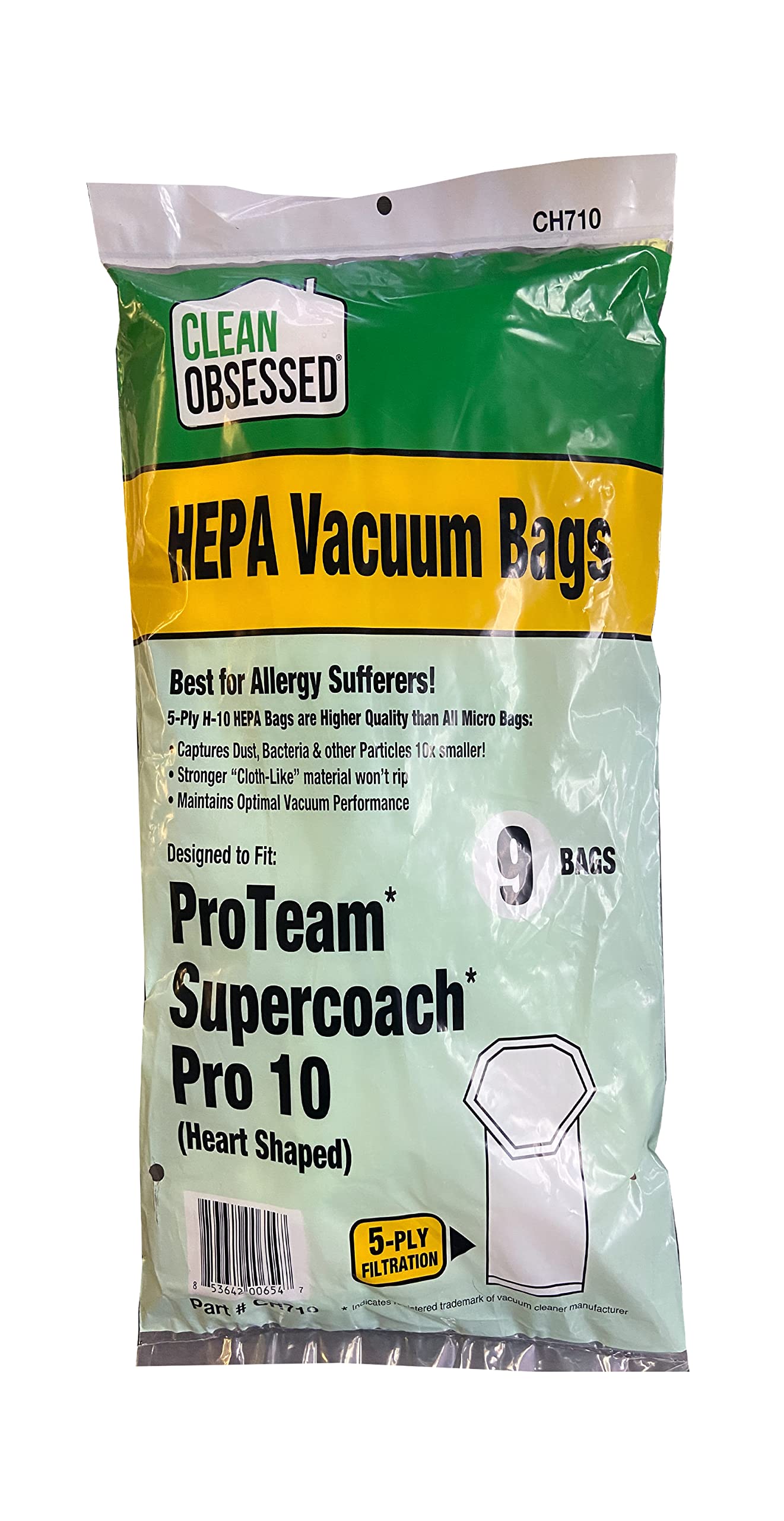 Clean Obsessed H-10 HEPA Vacuum Bags 9-Pack - Compatible with Proteam SuperCoach Pro 10 (Heart Shaped) | Premium Allergy Relief | Perfect for Home Cleaning, Pet Hair Removal & Dust Control