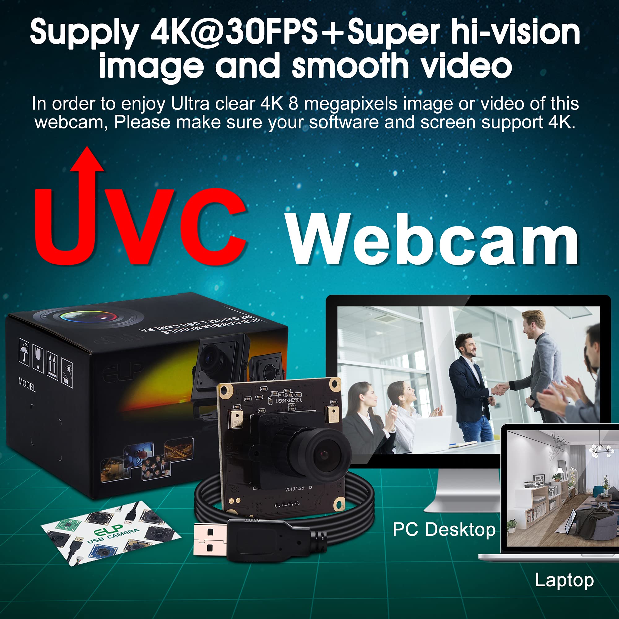 ELP 4K USB Webcam with Dual Microphones - 2160P Ultra HD Computer Camera for PC/Laptop, Plug & Play for Windows/Mac/Linux - Perfect for Video Conferencing, Online Classes, Live Streaming & Security Monitoring