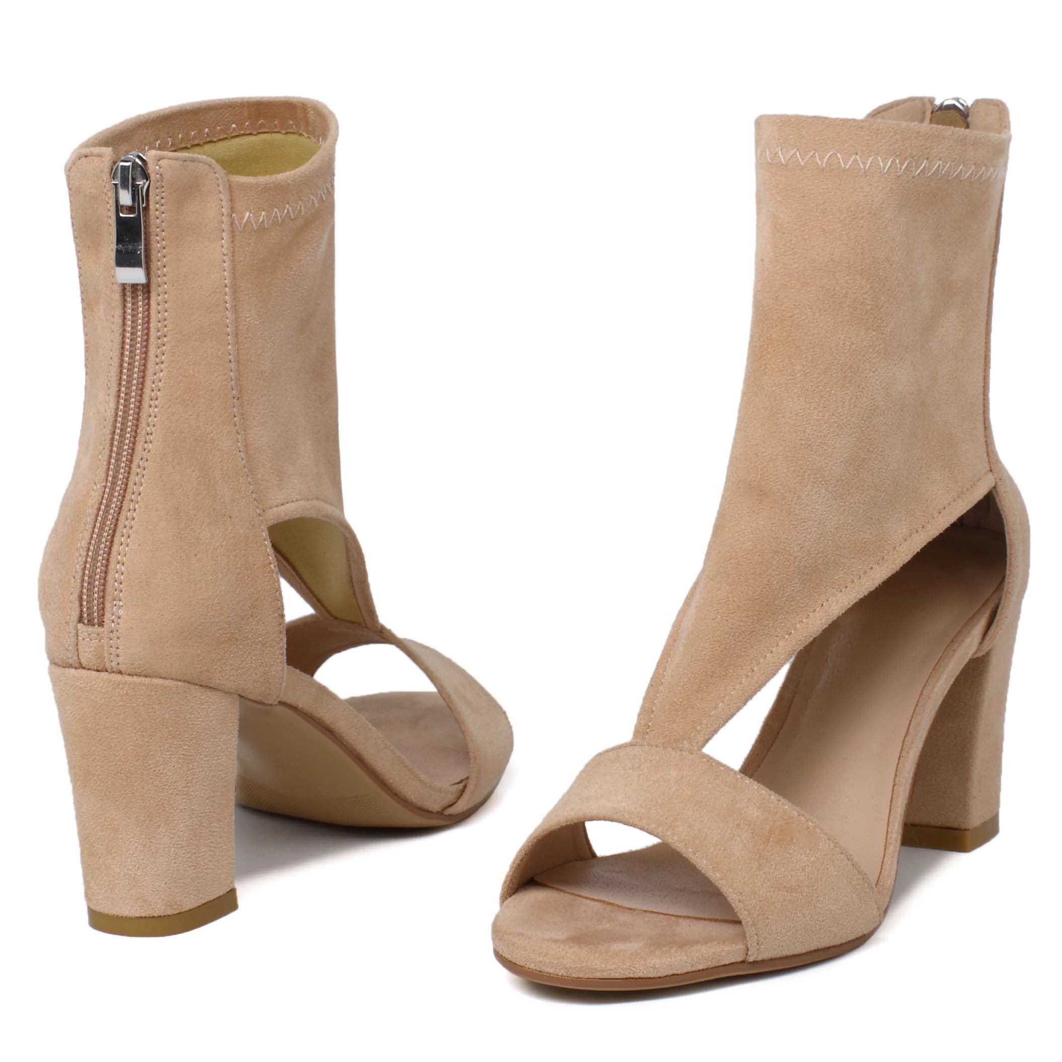 Women's Black Suede Peep Toe Booties Sandals - T-Strap Cutout Design with Back Zipper, Open Toe Chunky High Heel Pump Boots for Prom, Party & Evening Wear - Hollow Caged Wrap-Up Block Heel Dress Shoes
