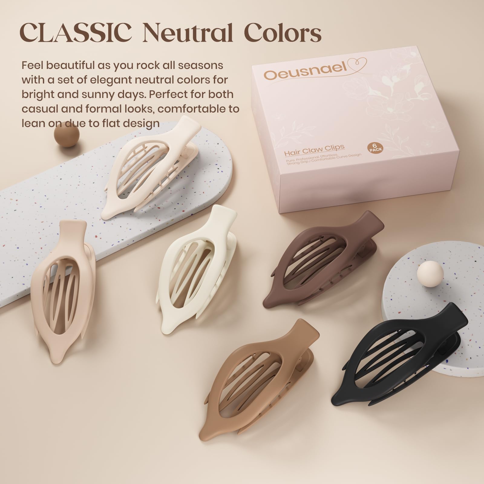 6 PCS Large Flat Hair Clips for Women & Girls - French Style Non-Slip Claw Clips for Thick & Thin Hair - Matte Strong Hold Hair Accessories (Brown) - Perfect for Work, School & Everyday Hairstyles