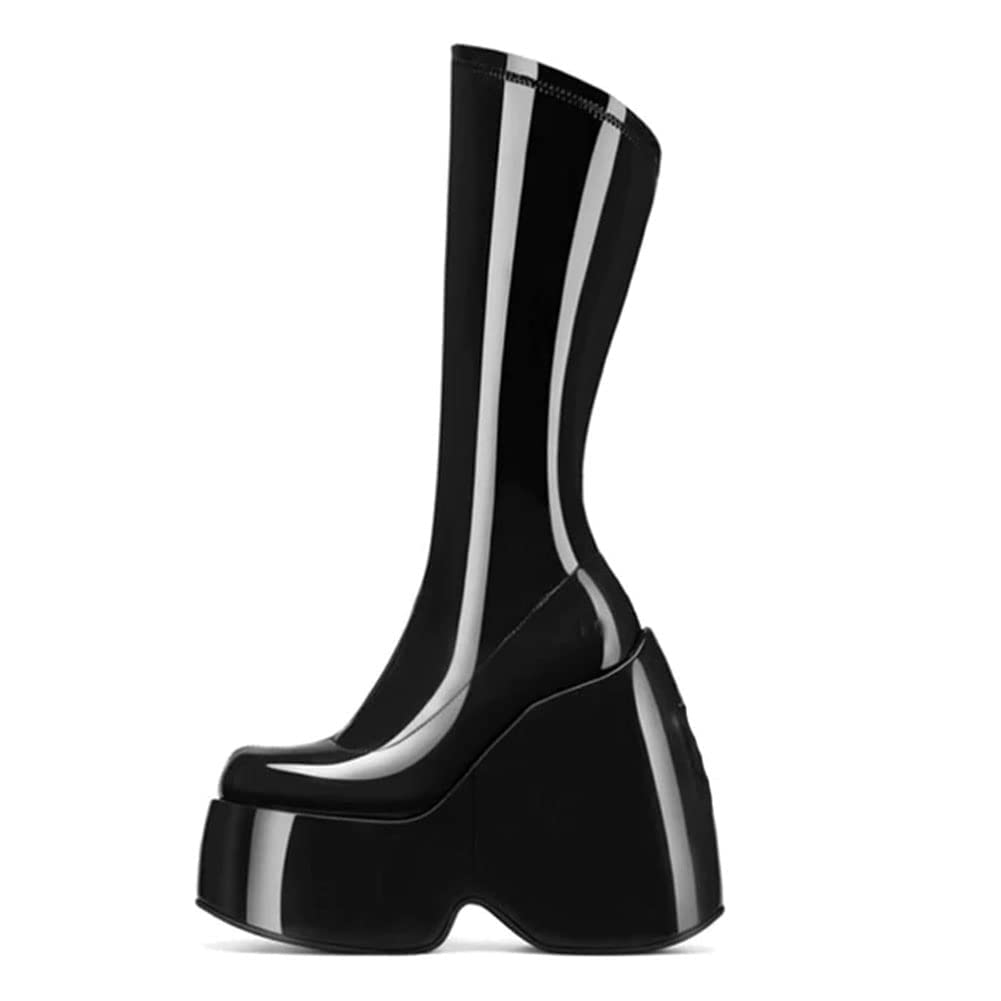 Women's FemFlame Platform Boots - Black Gothic Punk Block Heel Mid Calf Combat Motorcycle Boots | Perfect for Punk Fashion, Night Out & Biker Style