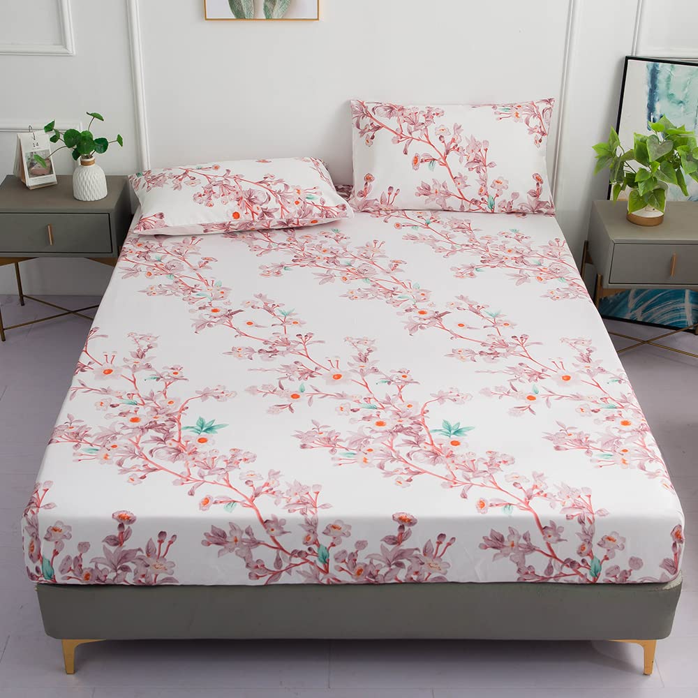 Vintage Floral King Size Fitted Sheet Set - Soft Microfiber Bedding with Botanical Pattern, 1 Fitted Sheet + 2 Pillowcases, Pink Farmhouse Style for Girls & Women - Perfect for Bedroom Decor, Guest Rooms, and Cozy Farmhouse Aesthetic