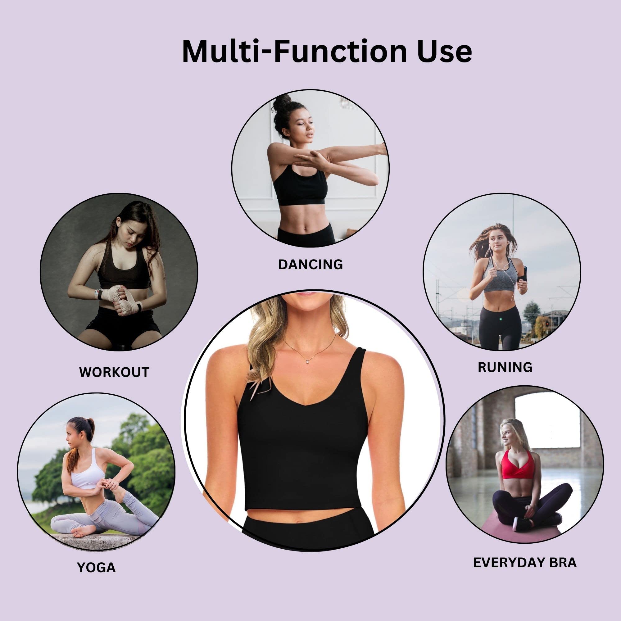 Wirefree Padded Medium Support Sports Bra for Women - Longline Yoga Top with 5-Piece Exercise Band Set | Workout, Gym & Fitness Training Essentials