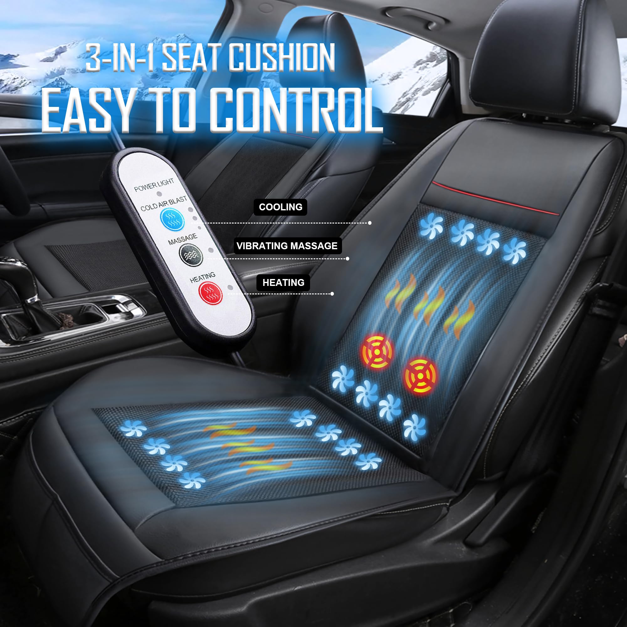 12V Cooling Car Seat Cushion - Ventilated Massager Pad for Car & SUV - Summer Comfort - Black