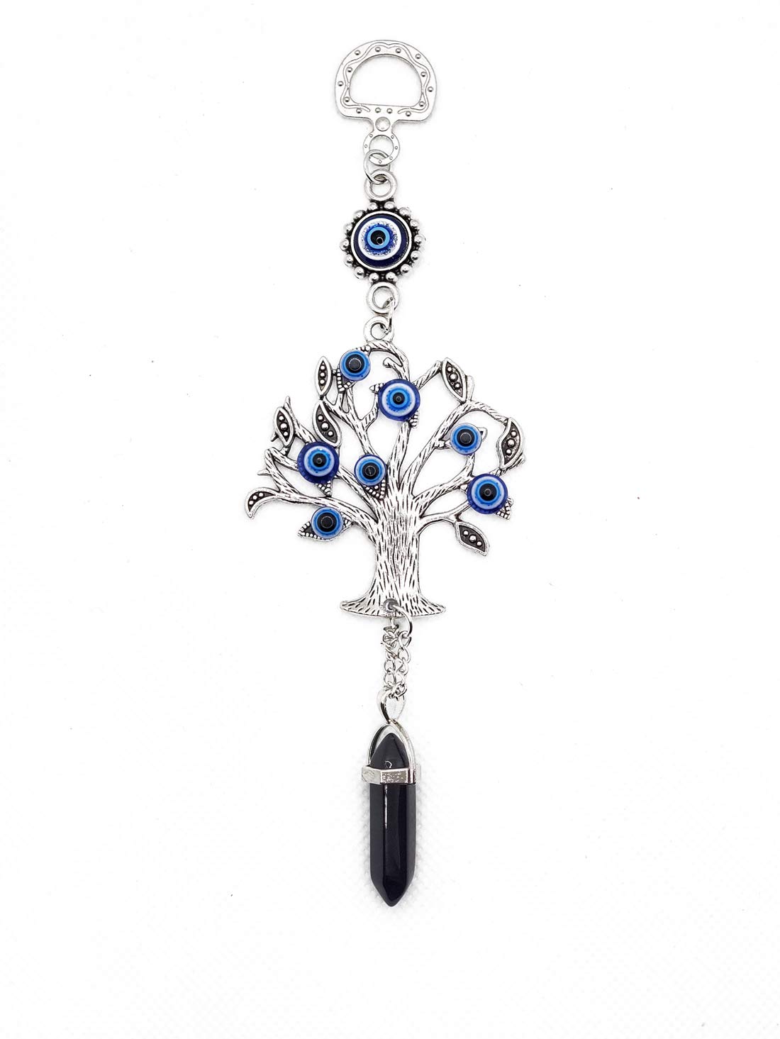 LUCKBOOSTIUM Silver Tree of Life Pendant with Blue Evil Eye & Crystal Gemstone - Spiritual Amulet for Growth, Strength & Protection | Home Decor, Car Mirror Charm, Gift Idea (2.2x7 Inches, Black Stone) - Perfect for Meditation, Office Feng Shui & Travel Protection