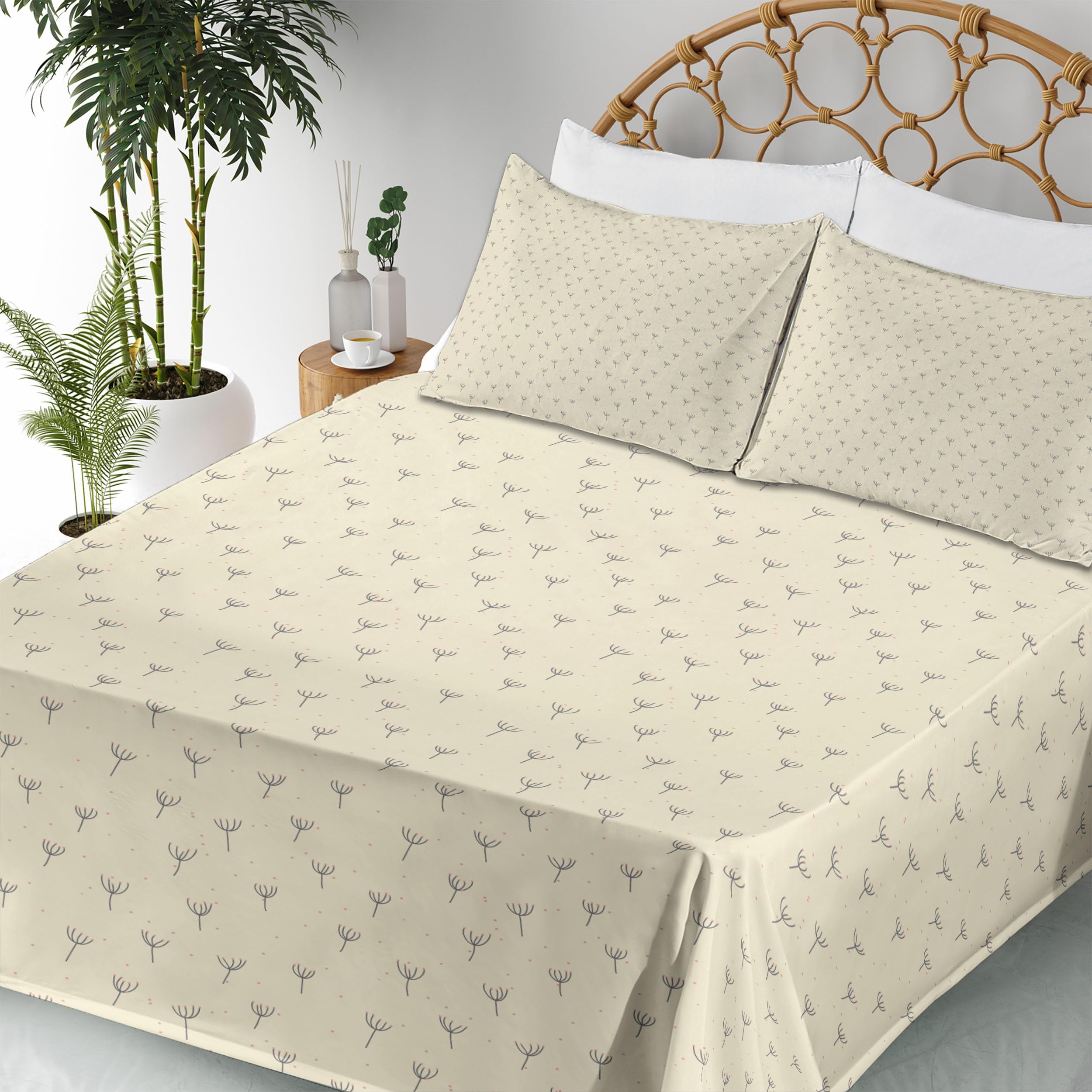 Ambesonne Floral King Sheet Set - 4 Piece Bedding with Pastel Flowers, Cream Coral & Grey - Fitted Sheet, Flat Sheet & Pillowcases - Spring Pollination Design - Perfect for Master Bedroom, Guest Room & Cozy Home Decor