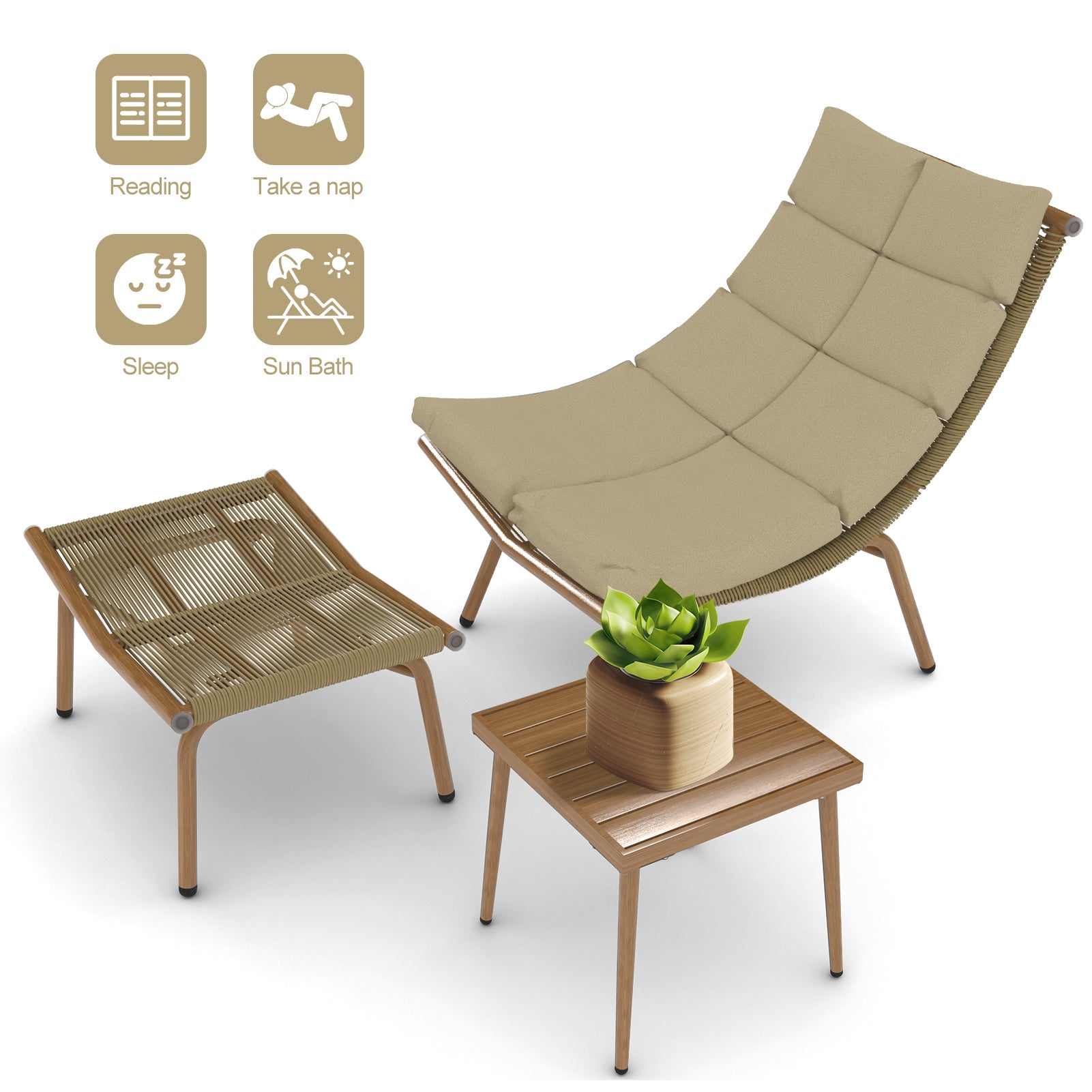 Wooden Chaise Lounge Chair with Side Table - Indoor & Outdoor Alloy Frame Recliner (380lbs Capacity) - Perfect for Camping, Gaming, Lunch Breaks, Garden Parties & Sunbathing