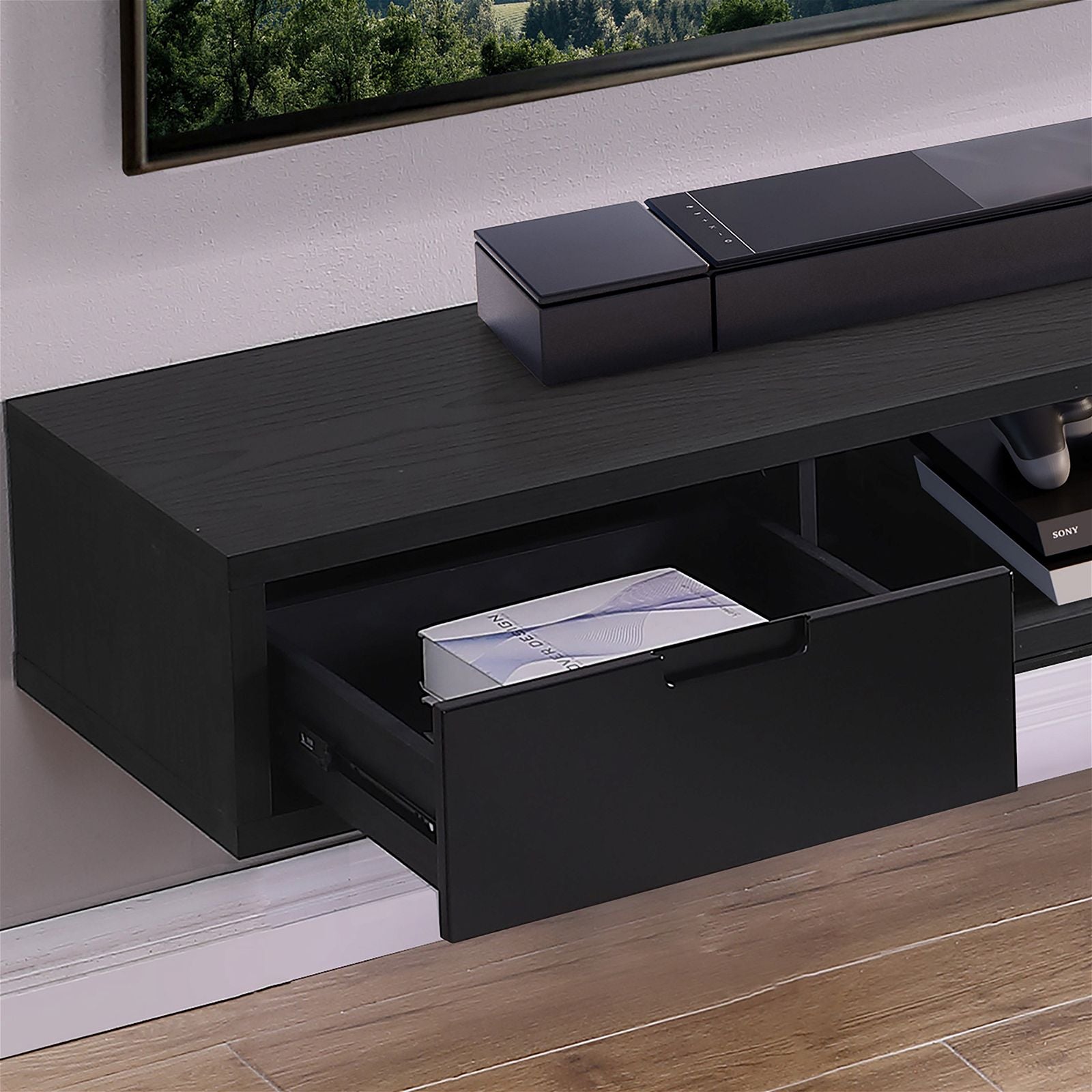 Criterion 1800mm Black Oak Wall Mounted TV Stand - Modern Entertainment Center for Living Room, Bedroom & Home Theater Setup
