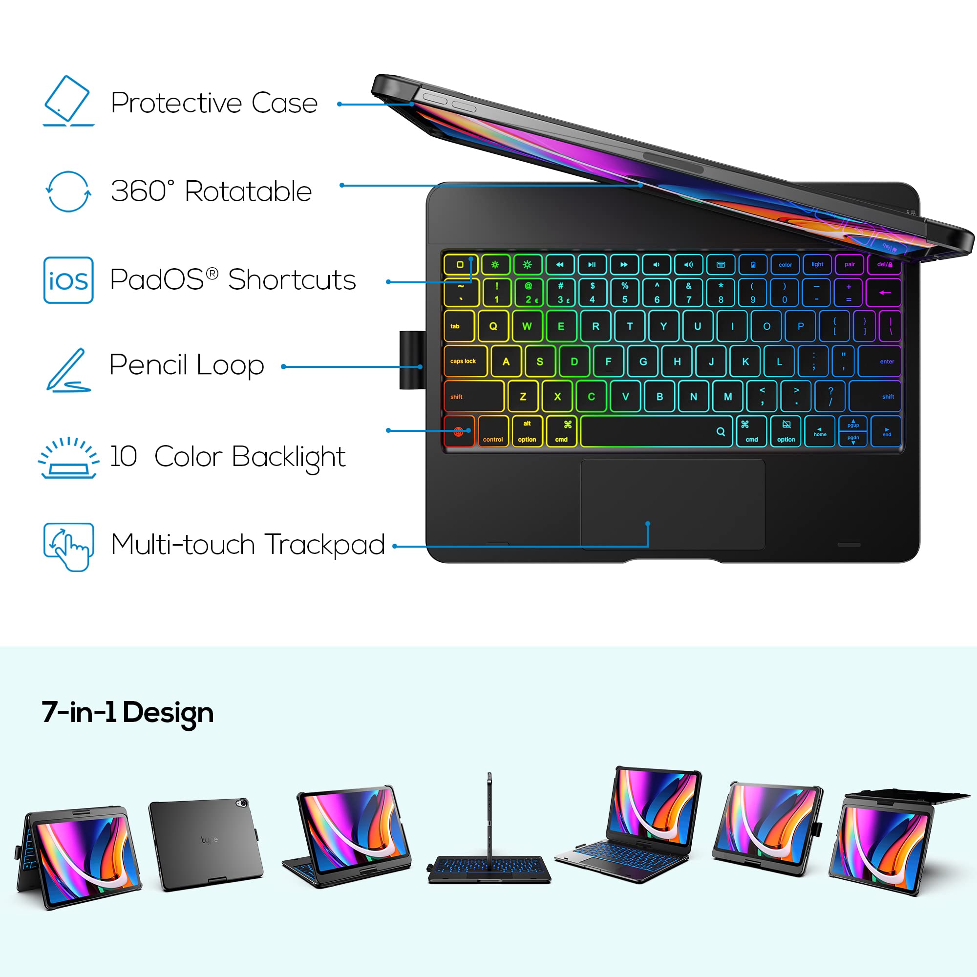 360° Rotatable Touch Keyboard Case with Trackpad for iPad Air 11-inch (M3 2025/M2 2024) - Wireless Backlit Keyboard with 11 Color Options & Apple Pencil Holder - Compatible with iPad Air 5th & 4th Gen (Black) | Perfect for Work, Study, and Creative Projects