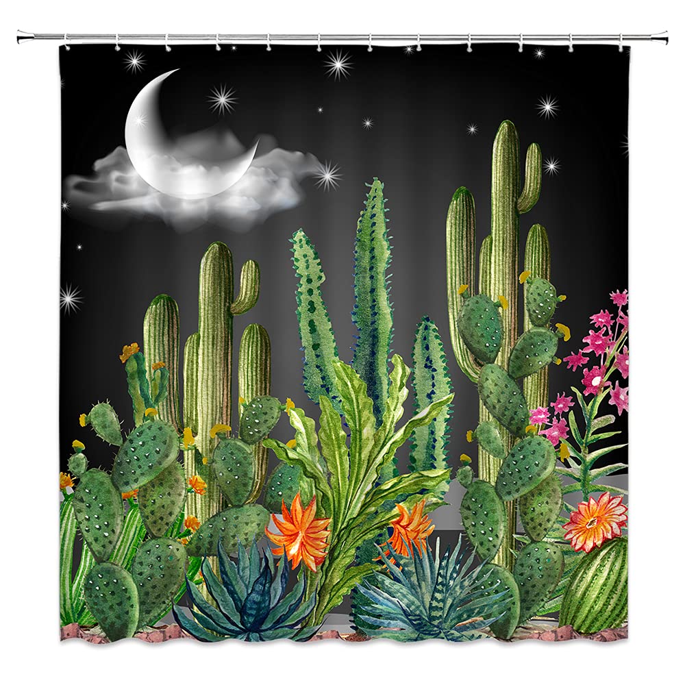 Vibrant Cactus Shower Curtain - Tropical Desert Plants Watercolor Design | Colorful Succulents & Moon Motif | Polyester Bathroom Decor with Hooks | Perfect for Boho, Desert, or Tropical Themed Bathrooms