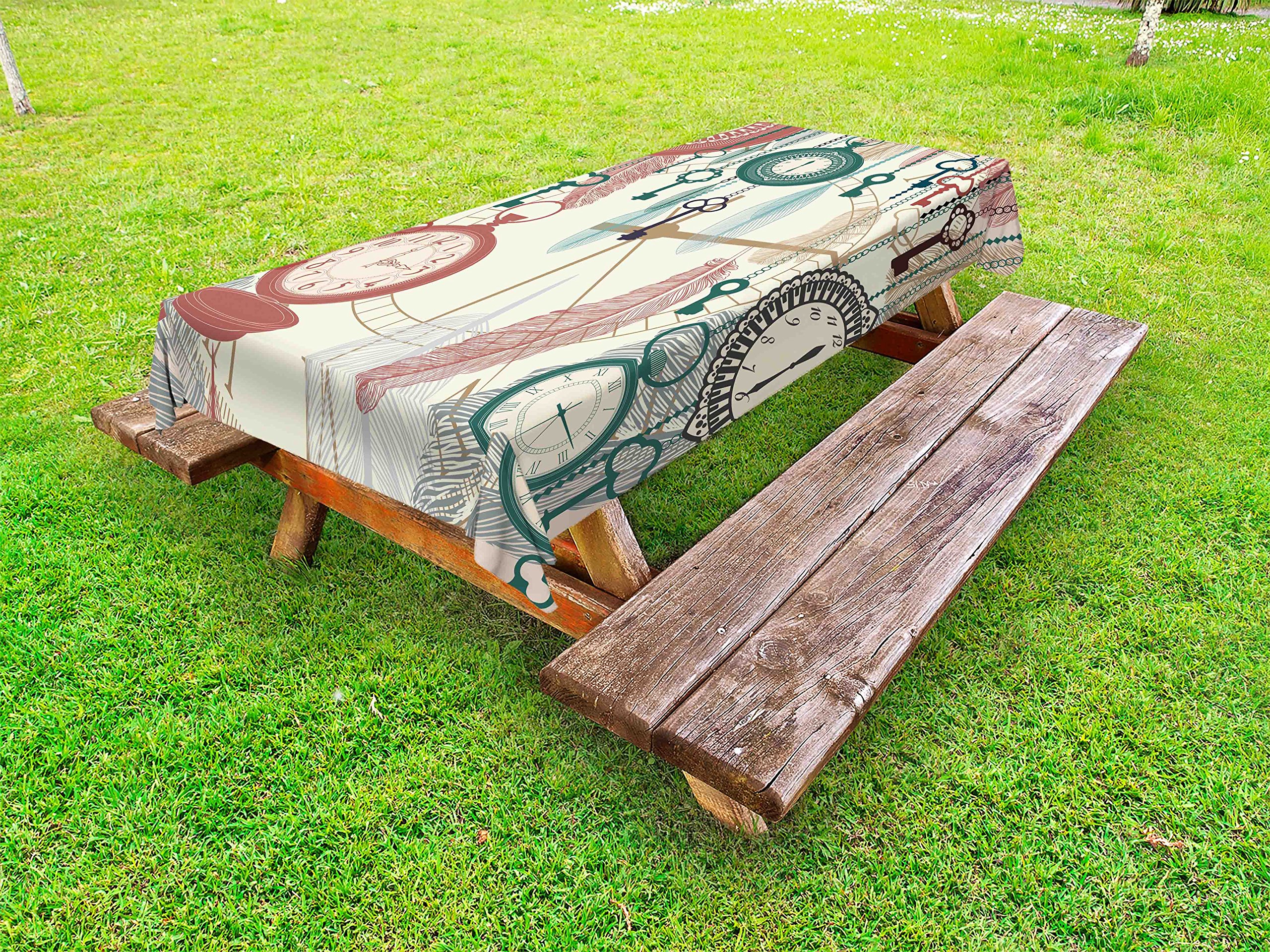 Ambesonne Vintage Outdoor Tablecloth - Traditional Pocket Watches with Feather & Old Key Design, Washable Picnic Table Cover 58x120 Inches, Multicolor | Perfect for Garden Parties, BBQs & Outdoor Dining