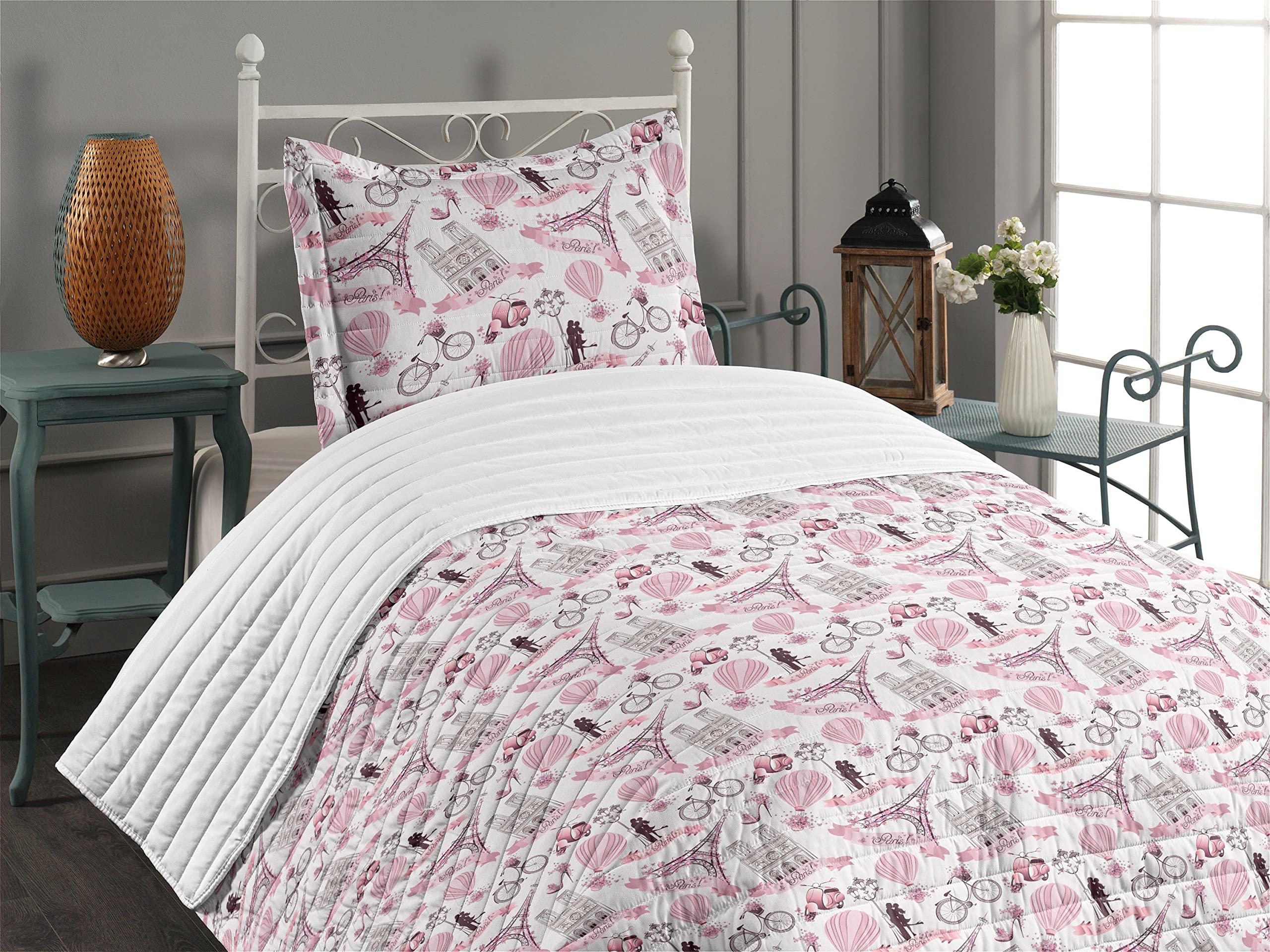 Ambesonne Eiffel Tower Microfiber Bedspread Set - Parisian Love Theme, French Bridal Design with Romantic Pink Blossoms, Soft Twin Size Bedding Set Includes Pillow Sham & Comforter in Rose Black White - Perfect for Romantic Bedrooms, Paris-Themed Decor, and Wedding Gift Ideas