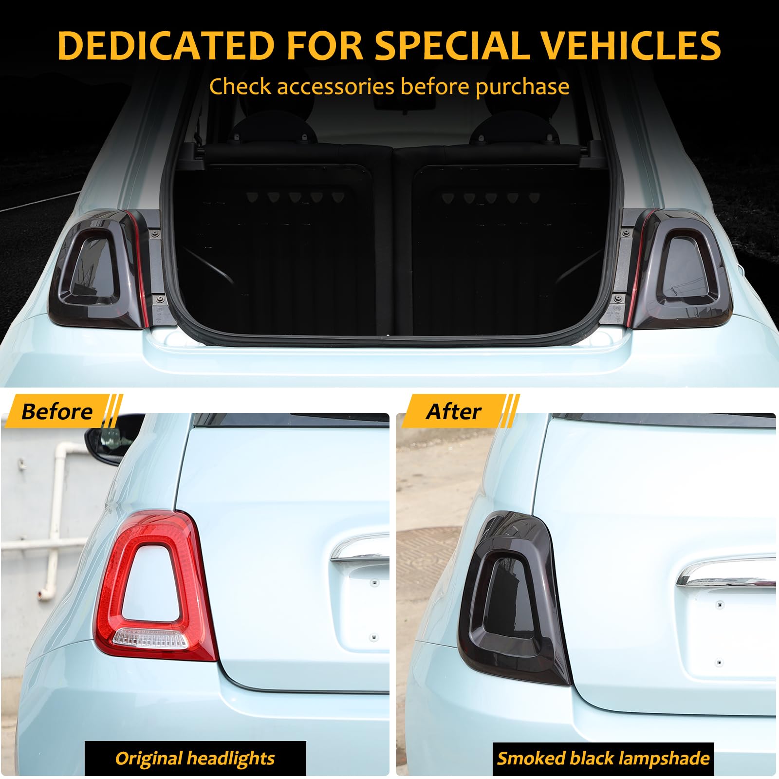 Smoked Black ABS Tail Light Cover for Fiat 500 (2016-2024) - Durable Exterior Accessory with Protective Guard Trim | Perfect for Car Customization & Night Driving Safety