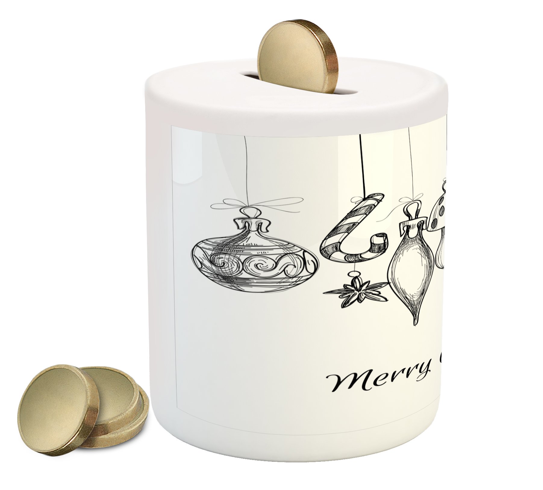 Ambesonne Christmas Piggy Bank - Hand Drawn Sketch Ornaments with Celebration Text, Ceramic Money Box for Cash Savings (Black & White) | Perfect Holiday Gift & Home Decor for Christmas