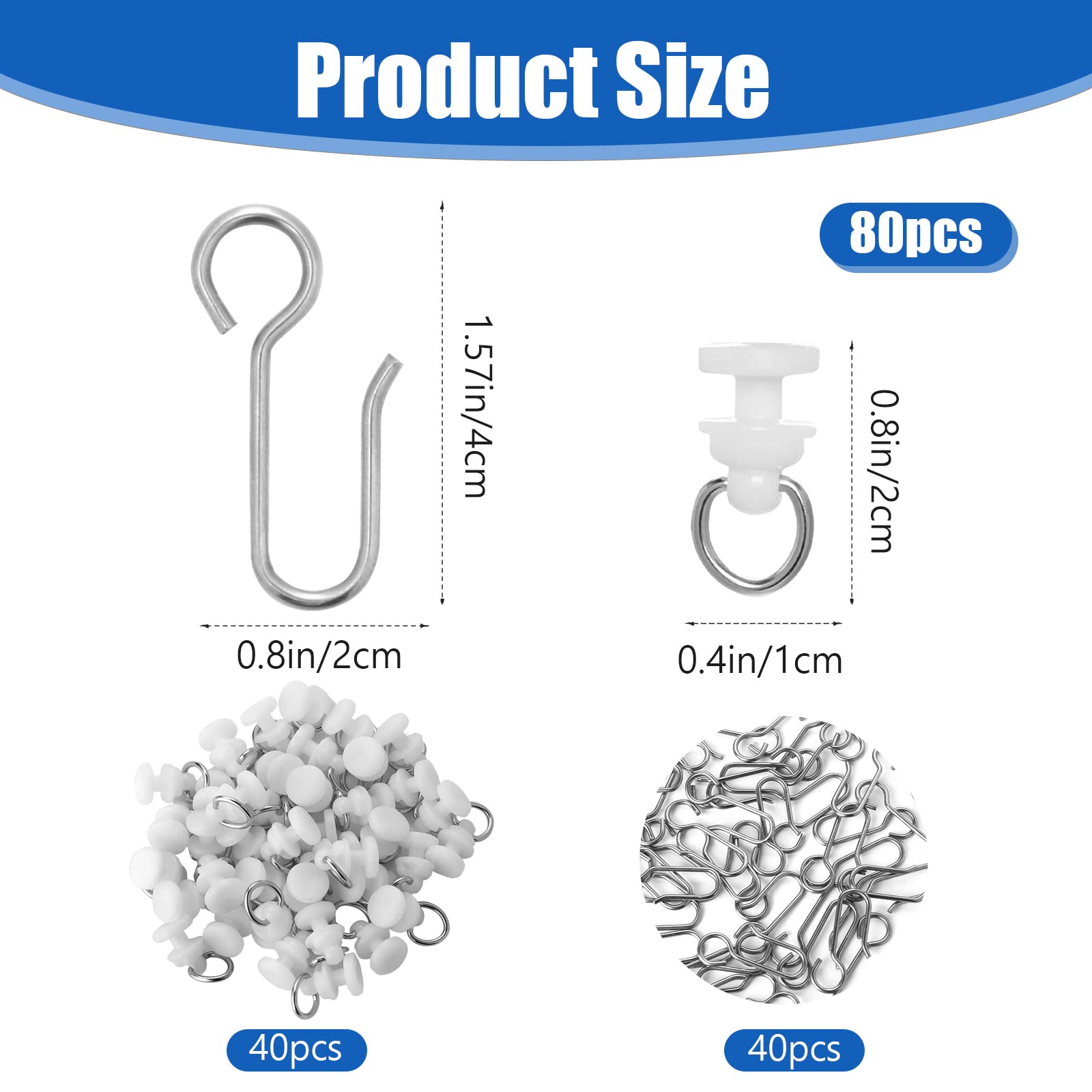 80 Pcs S-Shaped Metal Curtain Hooks with Plastic Gliders - Heavy Duty Ceiling Track Rollers for Drapes, Sheer Curtains & Room Dividers - Perfect for Home, Office & Hotel Decor