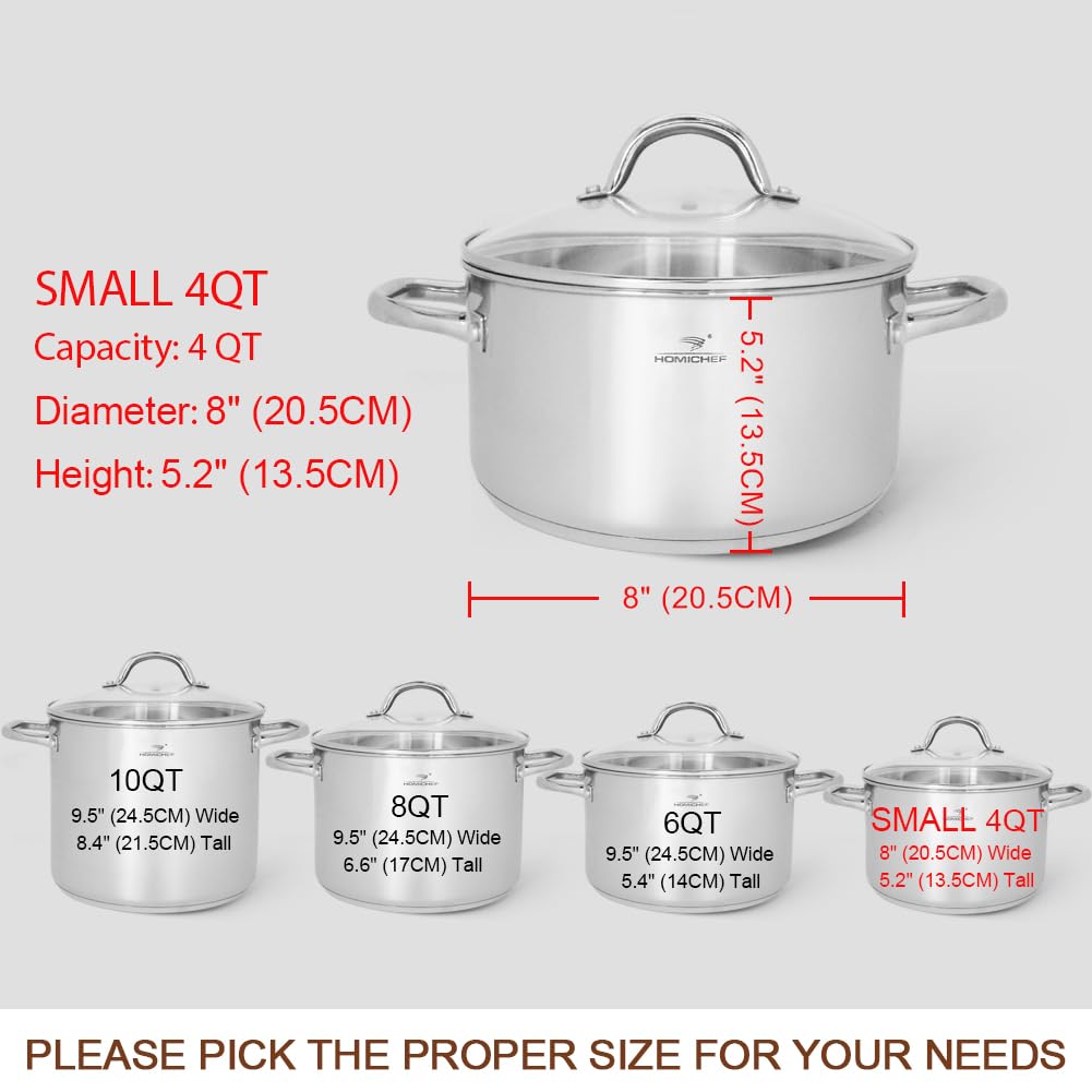 HOMICHEF 4 Quart Small Stock Pot - Nickel-Free Stainless Steel Saucepan with Glass Lid - Induction Compatible Soup Pot for Cooking, Boiling, Stewing - Perfect for Kitchens, Camping & Meal Prep