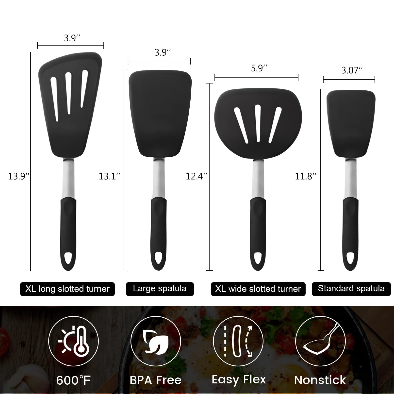 GEEKHOM 4-Piece Silicone Spatula Set - 600°F Heat Resistant, BPA-Free Kitchen Utensils for Nonstick Cookware, Flexible Turner for Pancakes, Eggs, Fish - Perfect for Flipping, Stirring & Serving (Black)