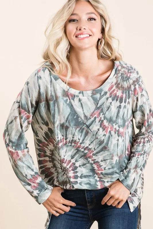 BiBi Tie Dye Terry Top with Contrast Stitching - Stylish Women's Casual Shirt for Summer Outfits, Beach Wear & Boho Fashion