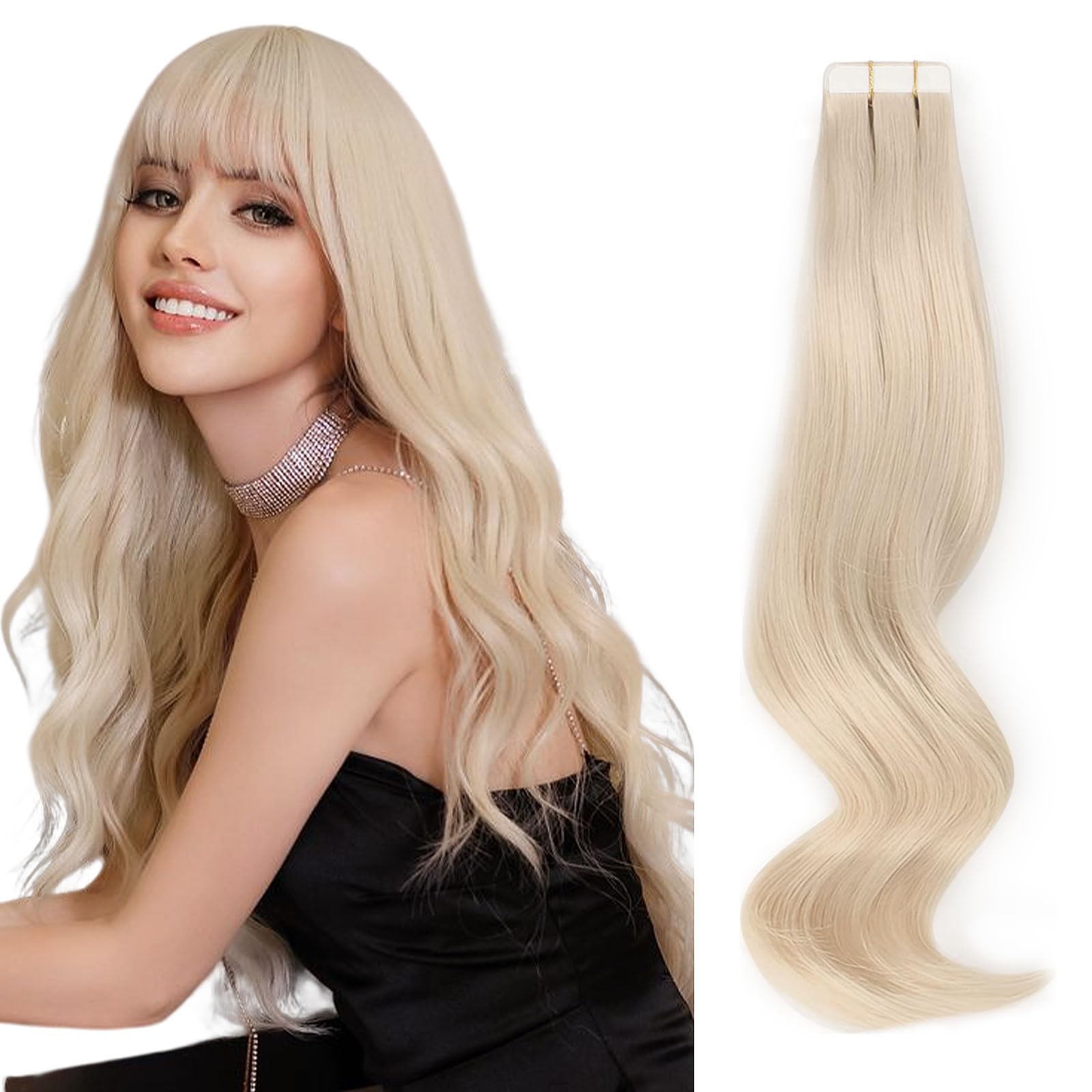 ABH AmazingBeauty 100% Real Remy Human Hair Extensions - 50g 20pcs Tape-In Wefts, 22 Inch, Ice Blonde (#1001) - Seamless, Reusable, Invisible Skin Weft for Natural Volume & Length - Perfect for Parties, Weddings & Daily Styling