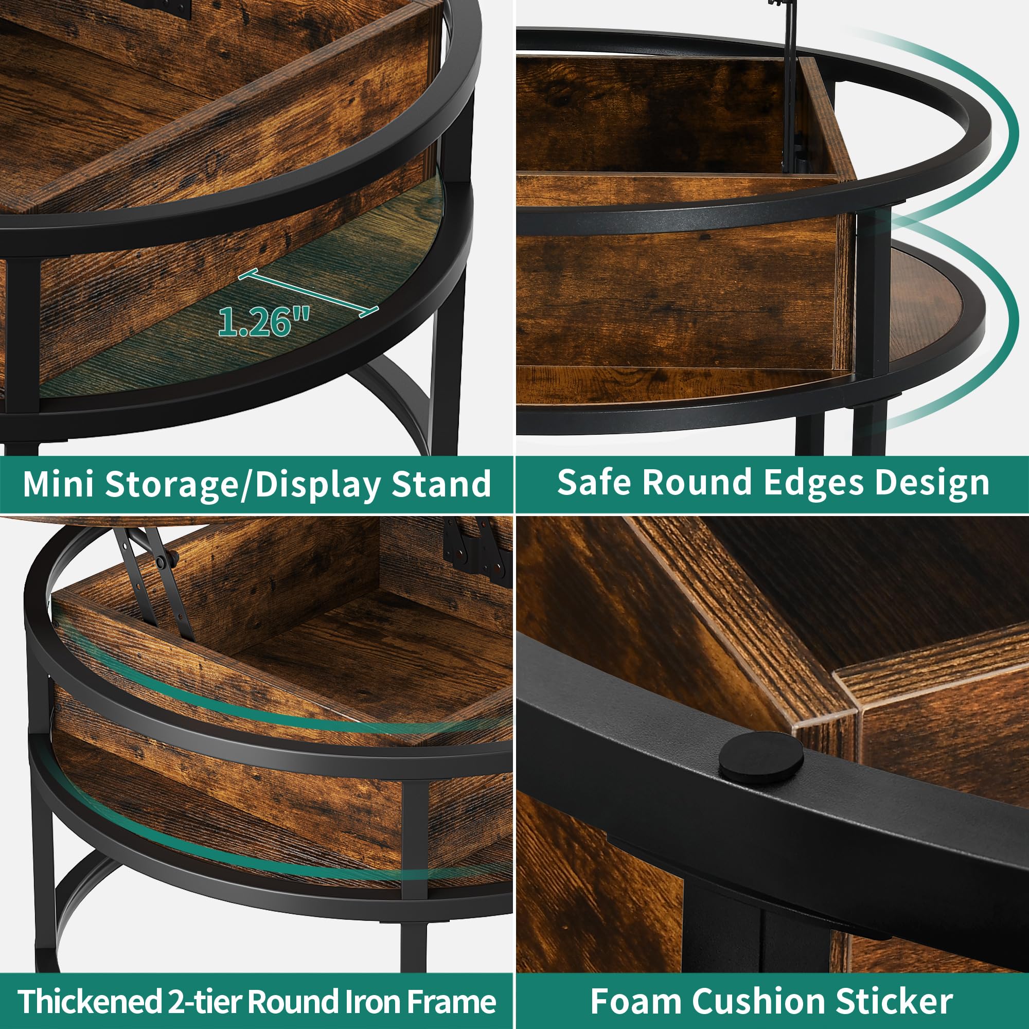 YITAHOME Round Lift Top Coffee Table with Hidden Storage Compartment - Modern Wood Center Table for Living Room, Home Office - Rustic Brown | Perfect for Small Spaces, TV Lounging & Entertaining Guests