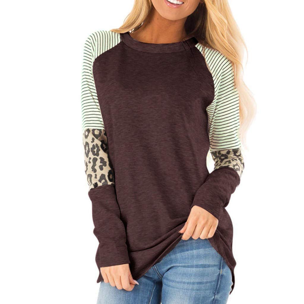 FABIURT Women's Long Sleeve Crewneck T-Shirt - Striped & Leopard Print Casual Blouse, Loose Fit Tunic Top for Everyday Wear | Perfect for Work, Weekend Outfits and Layering