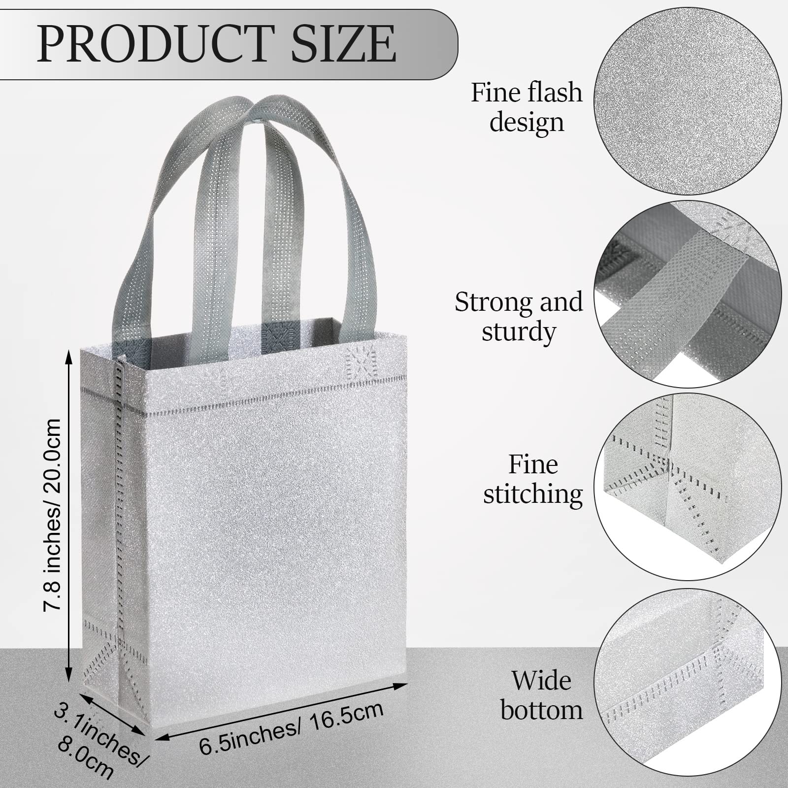 48 Pack Silver Glitter Wedding Favor Bags with Handles - 6.5x3.1x7.8 Inch Reusable Non-Woven Tote Gift Bags for Wedding, Bridal Shower, Birthday Party, Holiday & Special Events - Elegant Party Favors & Goodie Bags