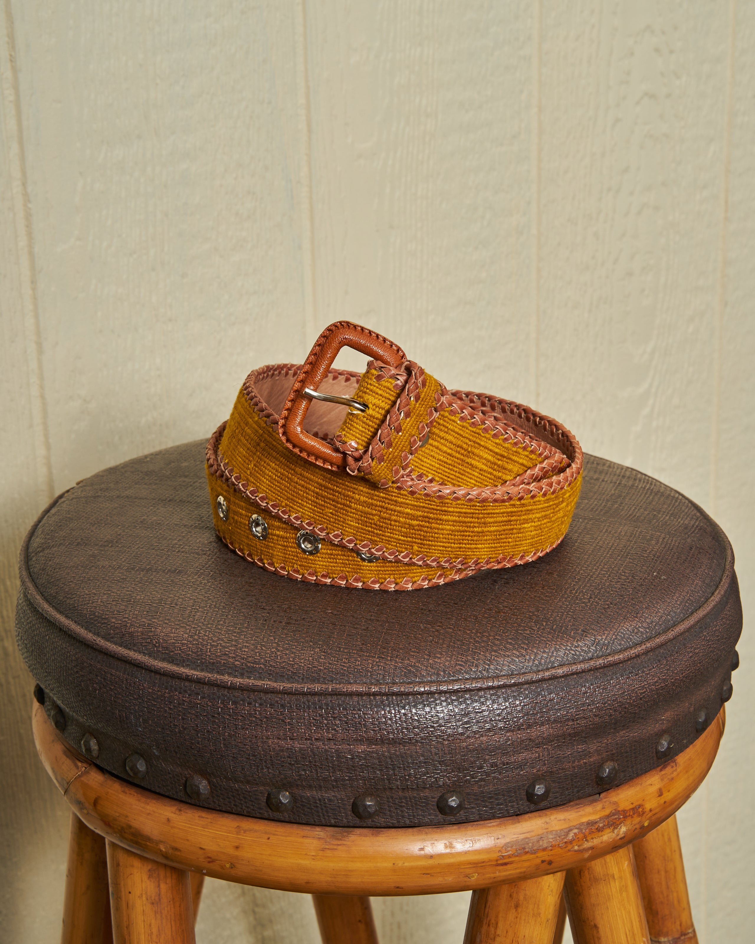 Handmade Guatemalan Whip Stitched Leather Belt - Natural Turmeric Color - Adjustable Waistband for Men & Women - Perfect for Casual, Boho & Festival Outfits
