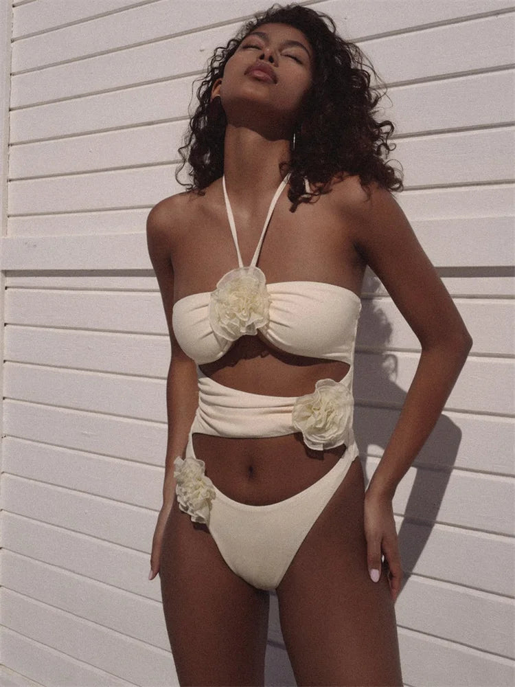 2024 Sexy 3D Flower Halter One Piece Swimsuit for Women - High Waist Monokini with Cut Out Design | Perfect for Beach Vacations, Pool Parties & Summer Getaways