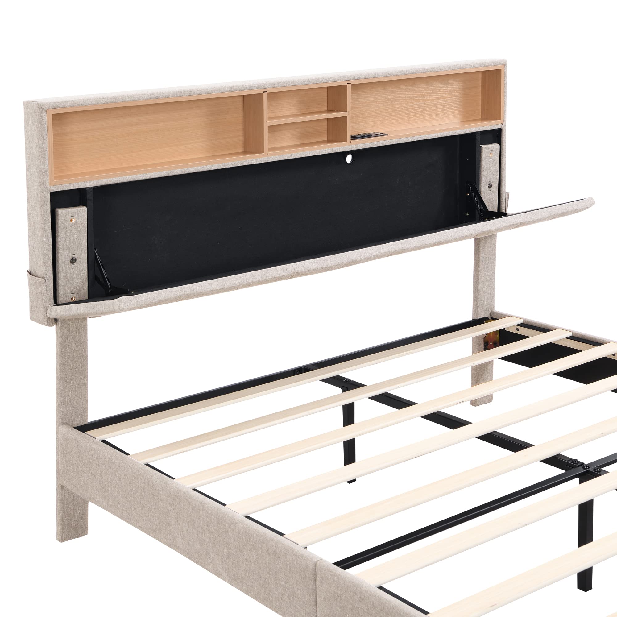MERITLINE Queen Size Upholstered Platform Bed Frame with Storage Headboard & USB Ports - Linen Fabric Bedroom Furniture, No Box Spring Needed (Beige) | Perfect for Modern Bedrooms, Guest Rooms & Small Spaces