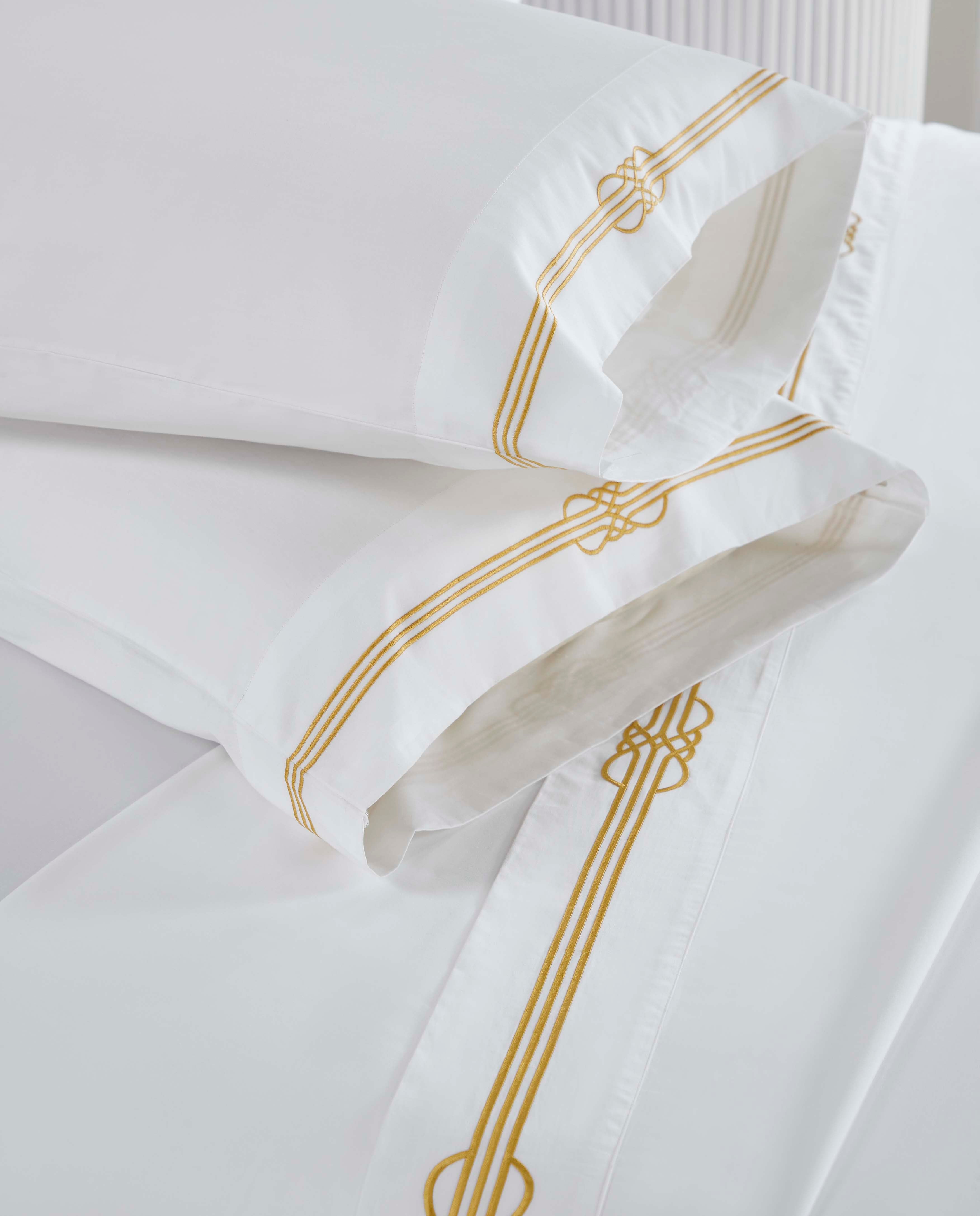 Premium Cotton Gold Embroidered Deep Pocket Bed Sheet Set - Queen Size 4-Piece Luxury Bedding for Master Bedroom & Guest Room Decor