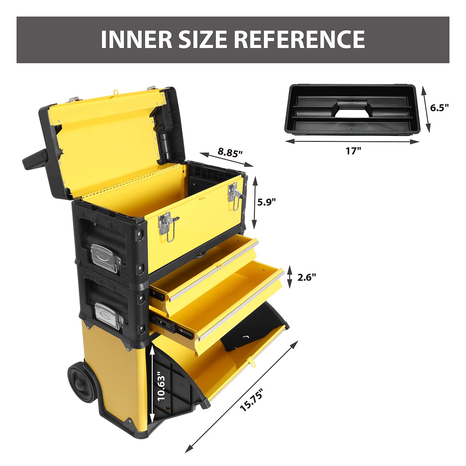 BIG RED Stackable Portable Metal Tool Box Organizer with Wheels & 2 Drawers - Heavy Duty Rolling Upright Trolley Tool Chest for Garage, Workshop, or Job Site - Yellow (ATRJF-C305ABDYR) - Perfect for Mechanics, DIY Enthusiasts & Professional Contractors