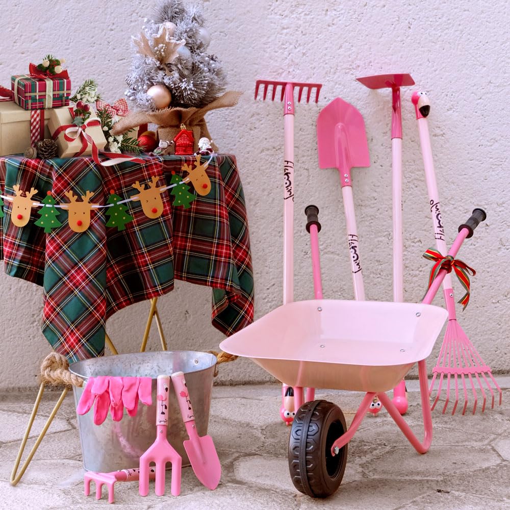 **Pink Metal Kids Wheelbarrow Set - Easy to Assemble Gardening Tools Kit with Small Wheelbarrow, Outdoor & Indoor Garden Toys for Girls - Perfect for Gardening, Playtime & Gift Giving**