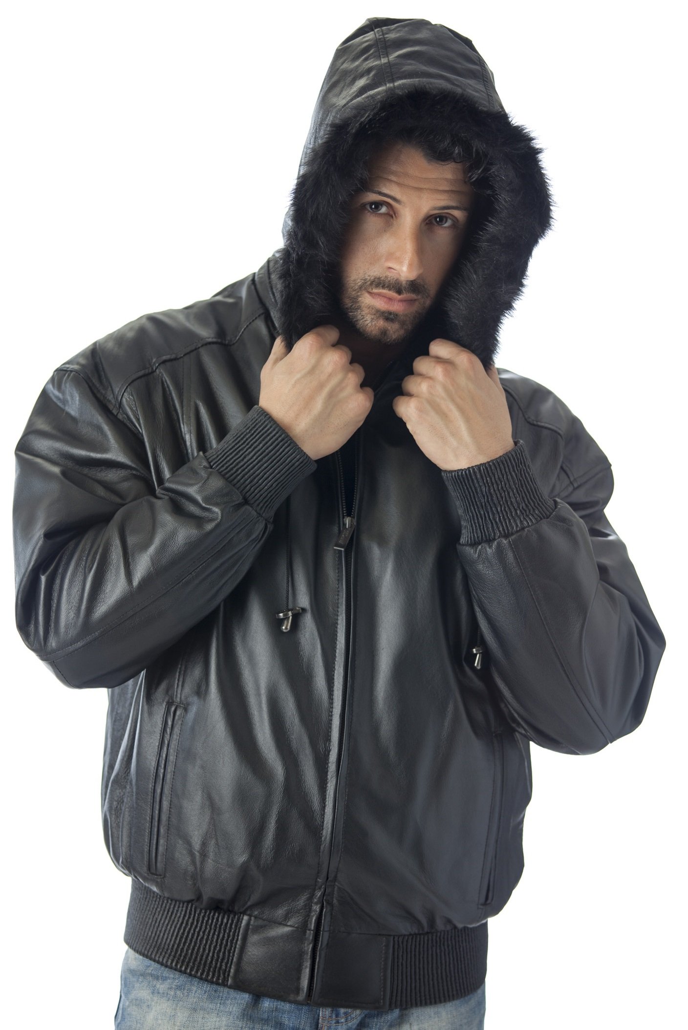 REED Men's Hooded Leather Bomber Jacket with Zip Out Lining - Stylish Winter Coat for Casual & Outdoor Wear