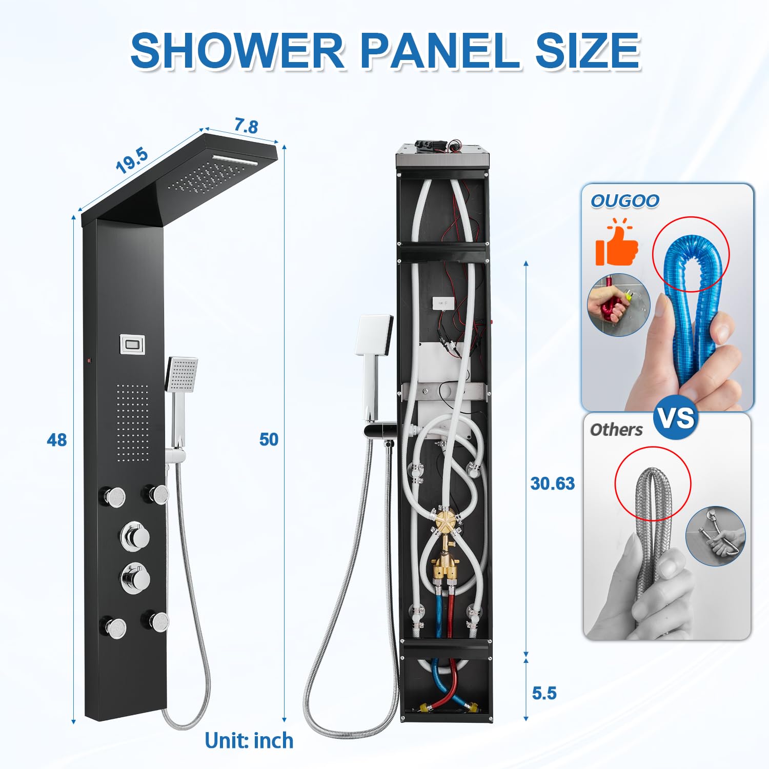**LED Shower Panel System with Rainfall & Waterfall Shower - 5 Body Jets, Handheld Spray, Temperature Display - Water-Powered LED Shower Tower Column in Stainless Steel (Black) - Perfect for Spa-Like Bathroom Upgrades**