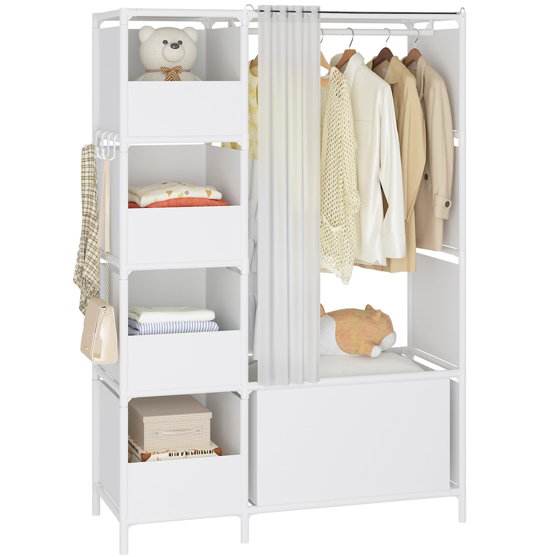 MOYIPIN Portable Closet - Free Standing Wardrobe with Hanging Rod & Curtain, Clothes Storage Organizer for Bedroom, Cloakroom, Dorm - 40.55 x 16.73 x 65.35 Inches, White - Perfect for Small Spaces, Apartment Living & Temporary Storage Solutions