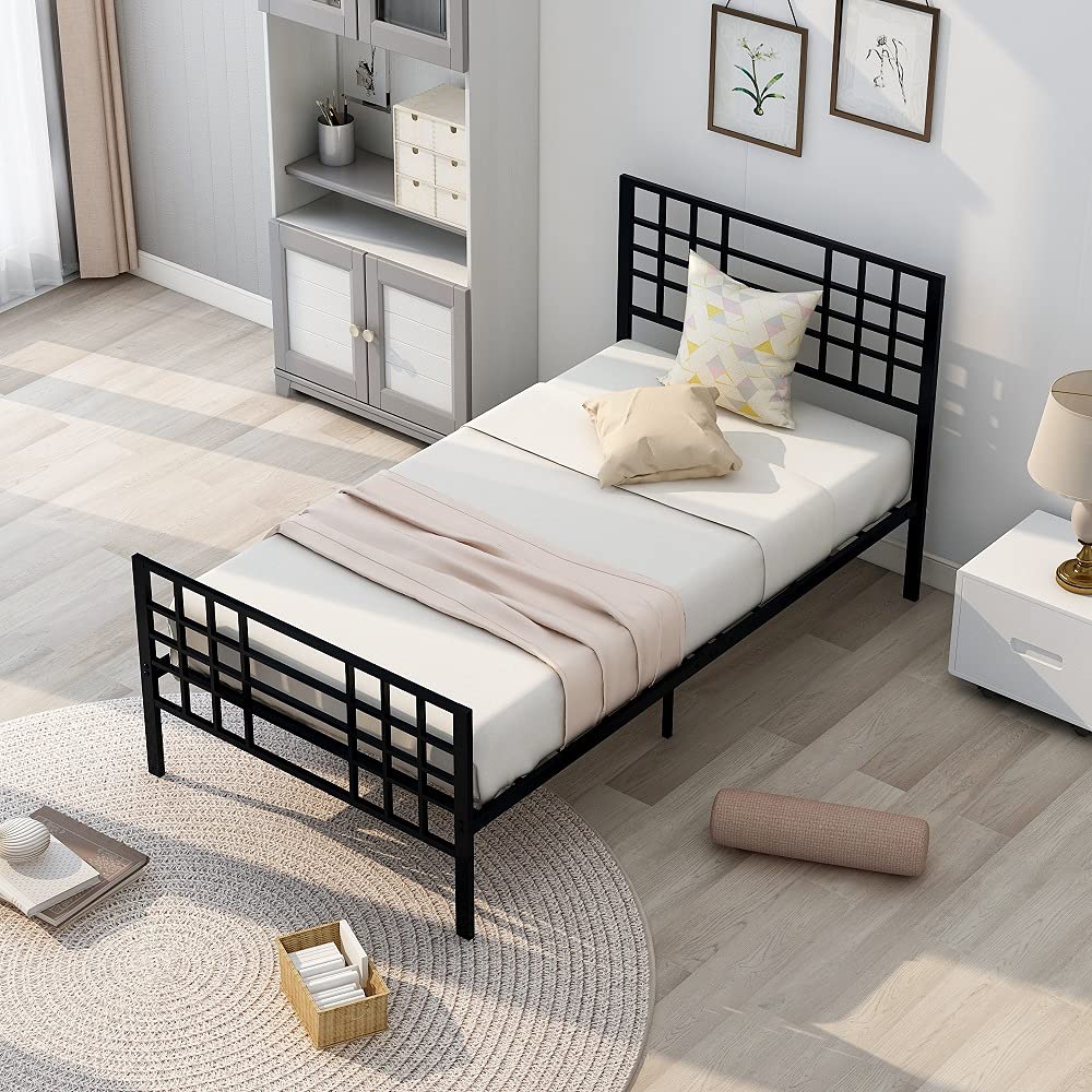 Metal Platform Bed Frame with Headboard & Footboard - Twin Size Mattress Base, Sturdy Iron-Art Design for Bedroom, Dorm, Kids Room | Black Steel Finish | Space-Saving & Easy Assembly | Perfect for Small Spaces & Teen Bedrooms