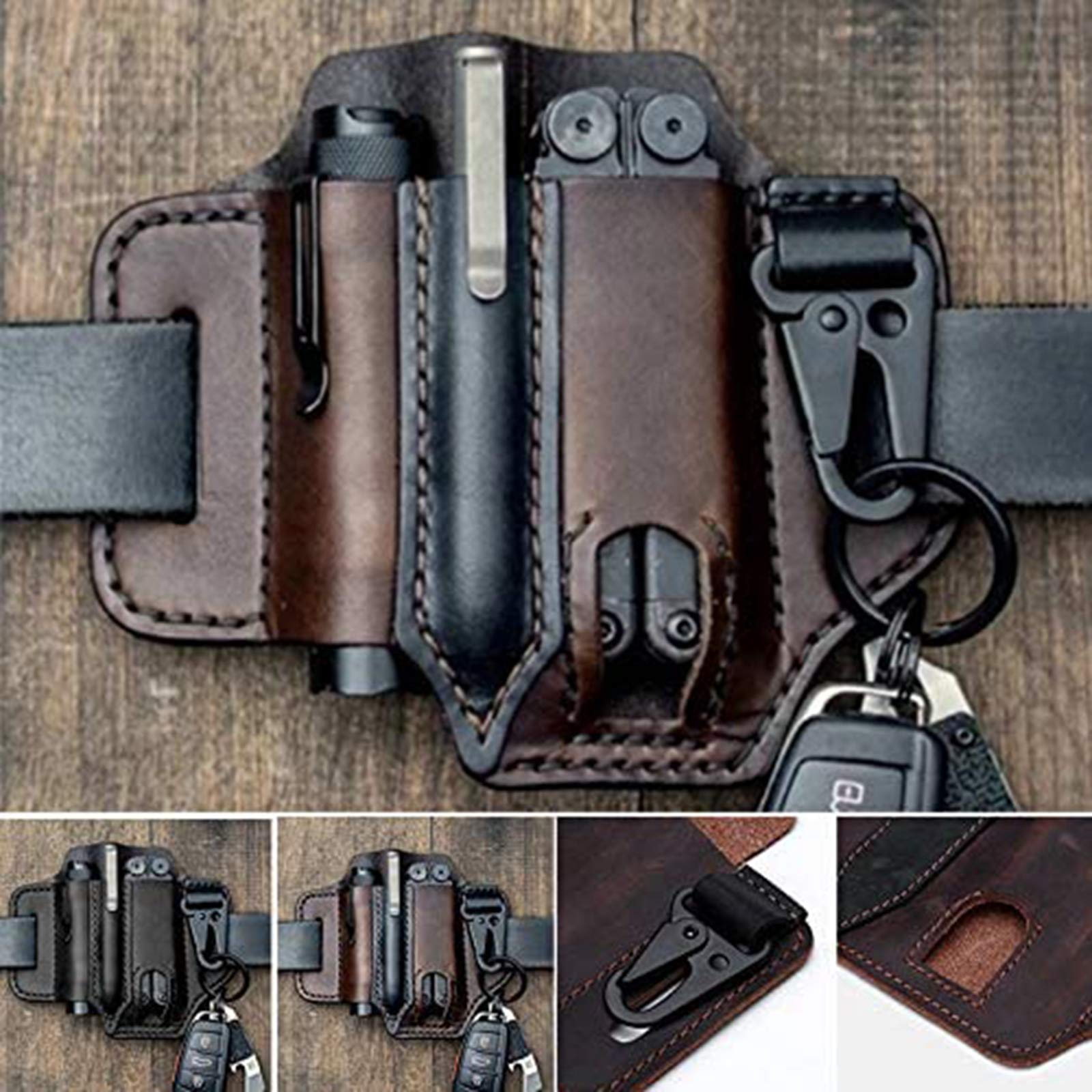 KANGDE Genuine Leather EDC Belt Loop Waist Multitool Sheath - Handmade 3-Pocket Organizer Pouch for Flashlights, Tactical Pens & Tools (Dark Brown) | Perfect for Outdoor Adventures, Camping & Everyday Carry