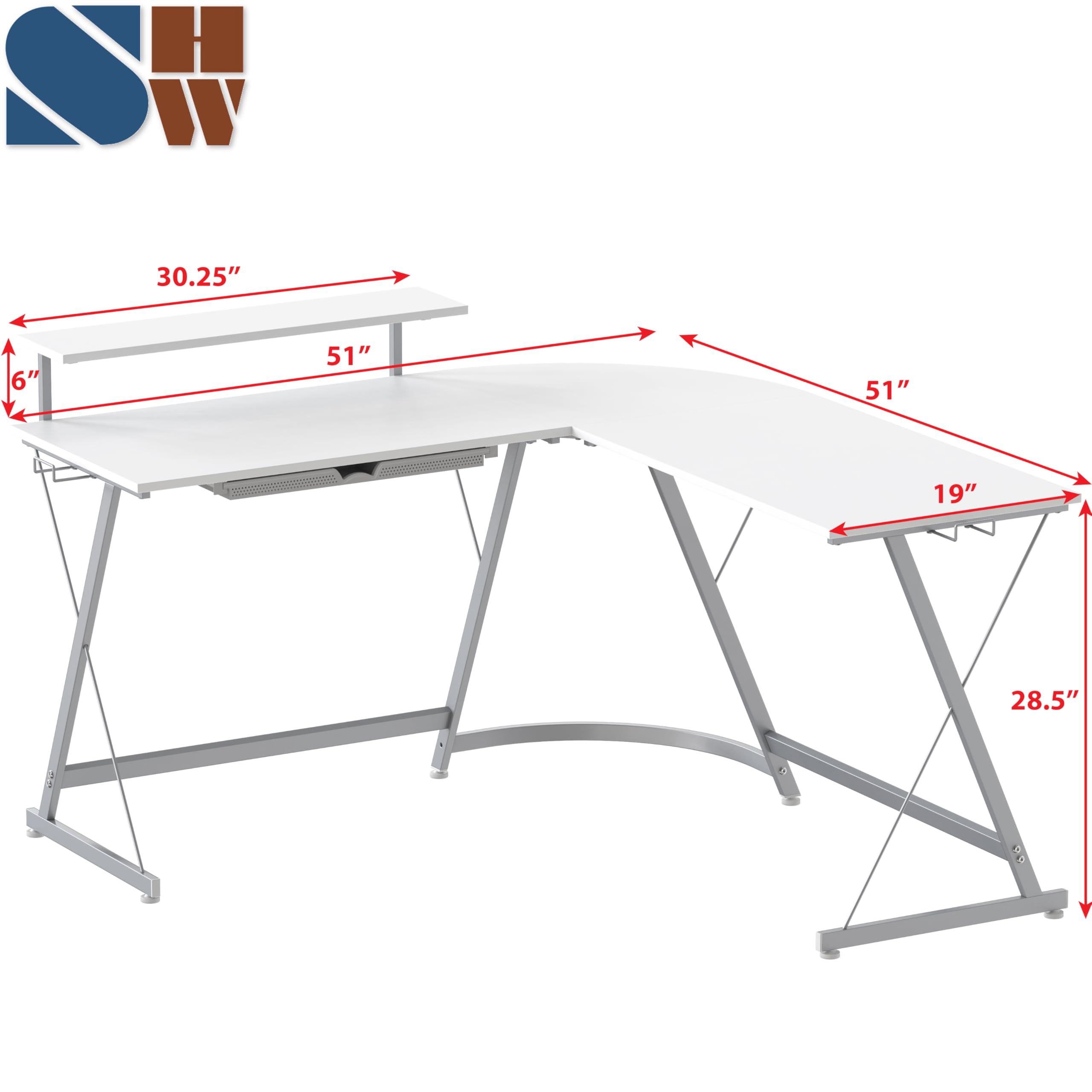 SHW Vista L-Shape Computer Desk with Monitor Stand - White Home Office Desk for Gaming & Workstation Setup | Perfect for Small Spaces & Corner Work Areas