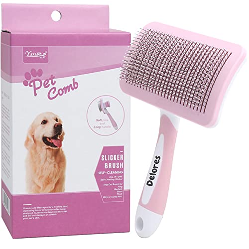 **Personalized Custom Pet Brushes for Dogs & Cats – Self-Cleaning Dematting & Detangling Brush – Massage Grooming Tool for Puppy & Kitten – Removes Mats, Tangles & Loose Fur – Large Pink – Perfect for Daily Grooming & Shedding Control**