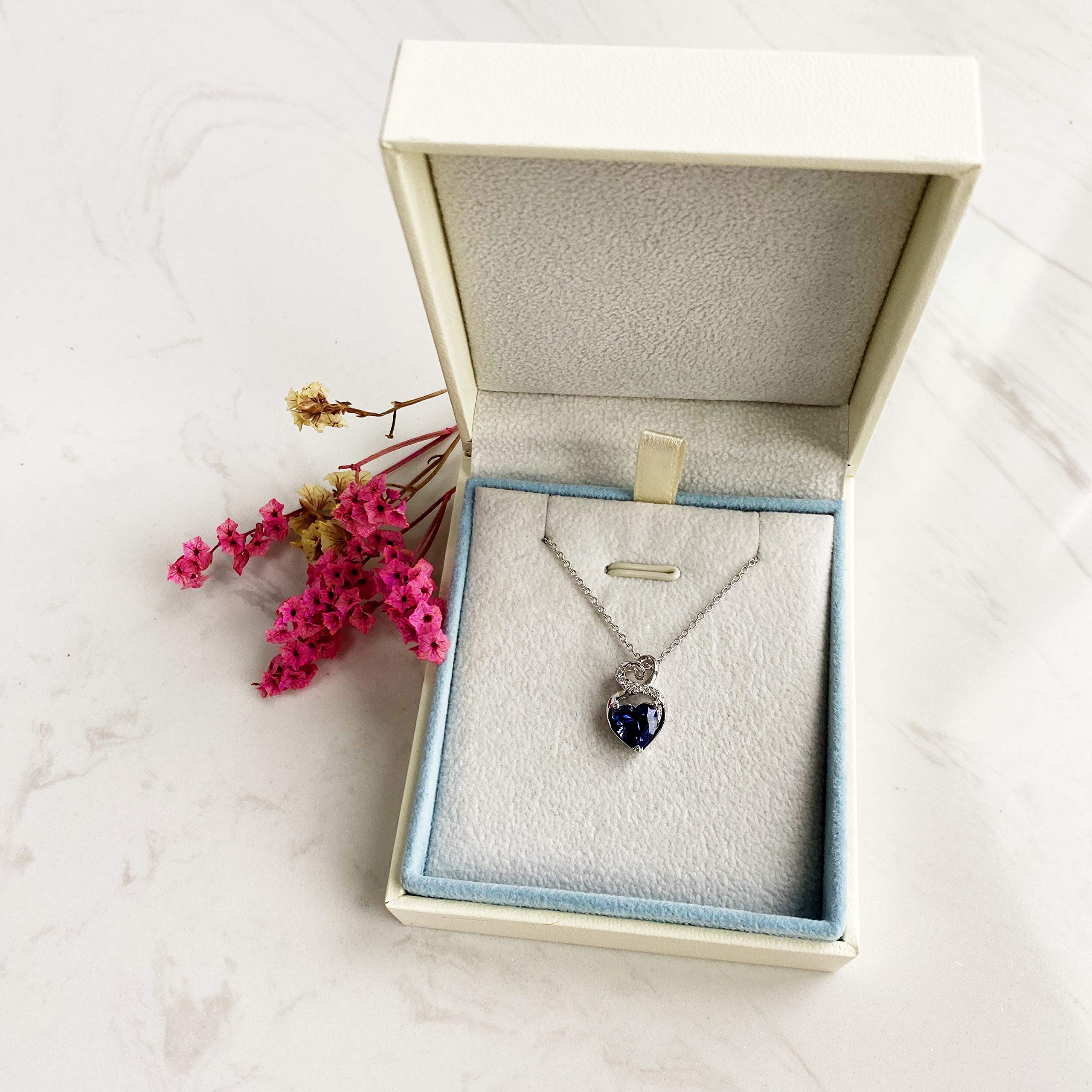 14K Solid White Gold Birthstone Necklace with Sterling Silver Chain - 1.5 CT Gemstone Heart Pendant - Dainty Fine Jewelry for Women (16