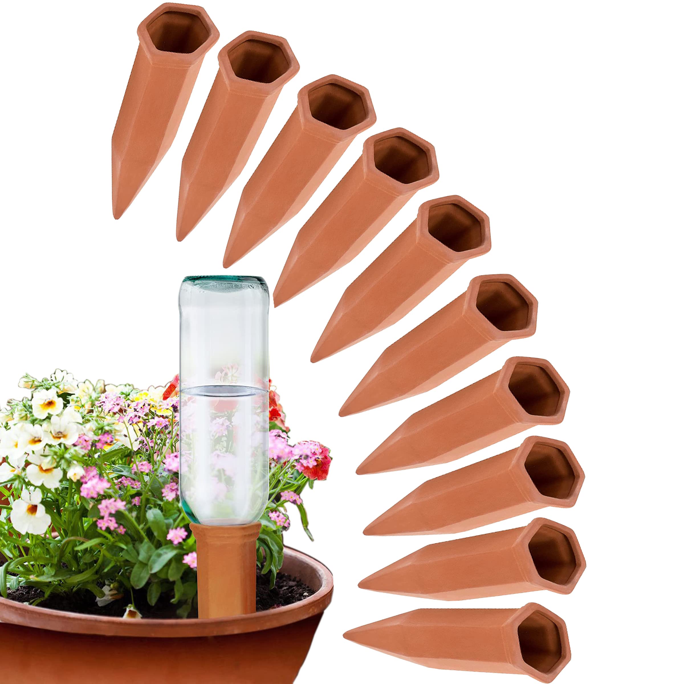 10 Pack Terracotta Self-Watering Spikes for Plants - Automatic Wine Bottle Watering System for Indoor/Outdoor Gardens, Potted Plants & Vacation Plant Care